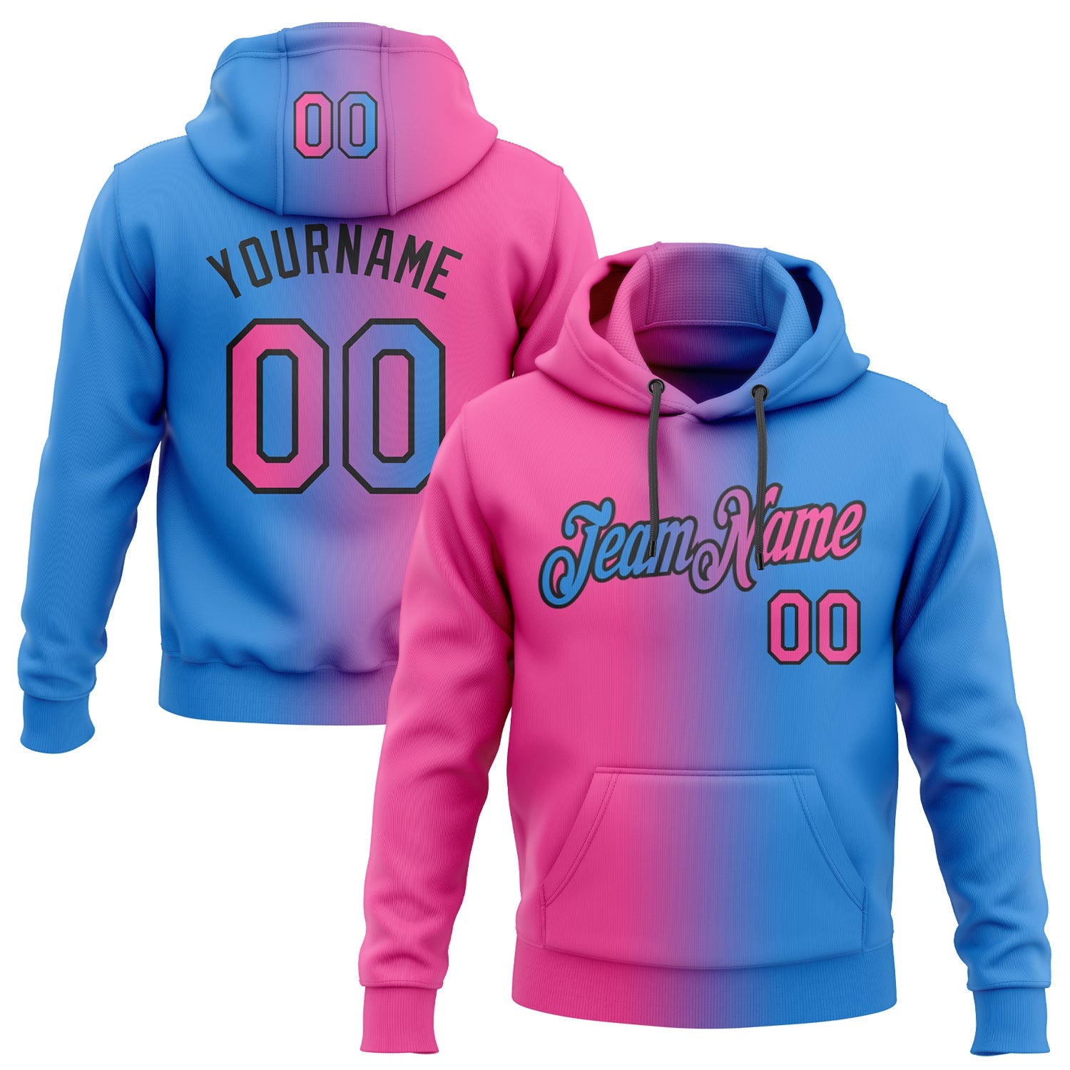 Custom Gradient Fashion Electric Blue Pink-Black Sports Pullover Sweatshirt Hoodie
