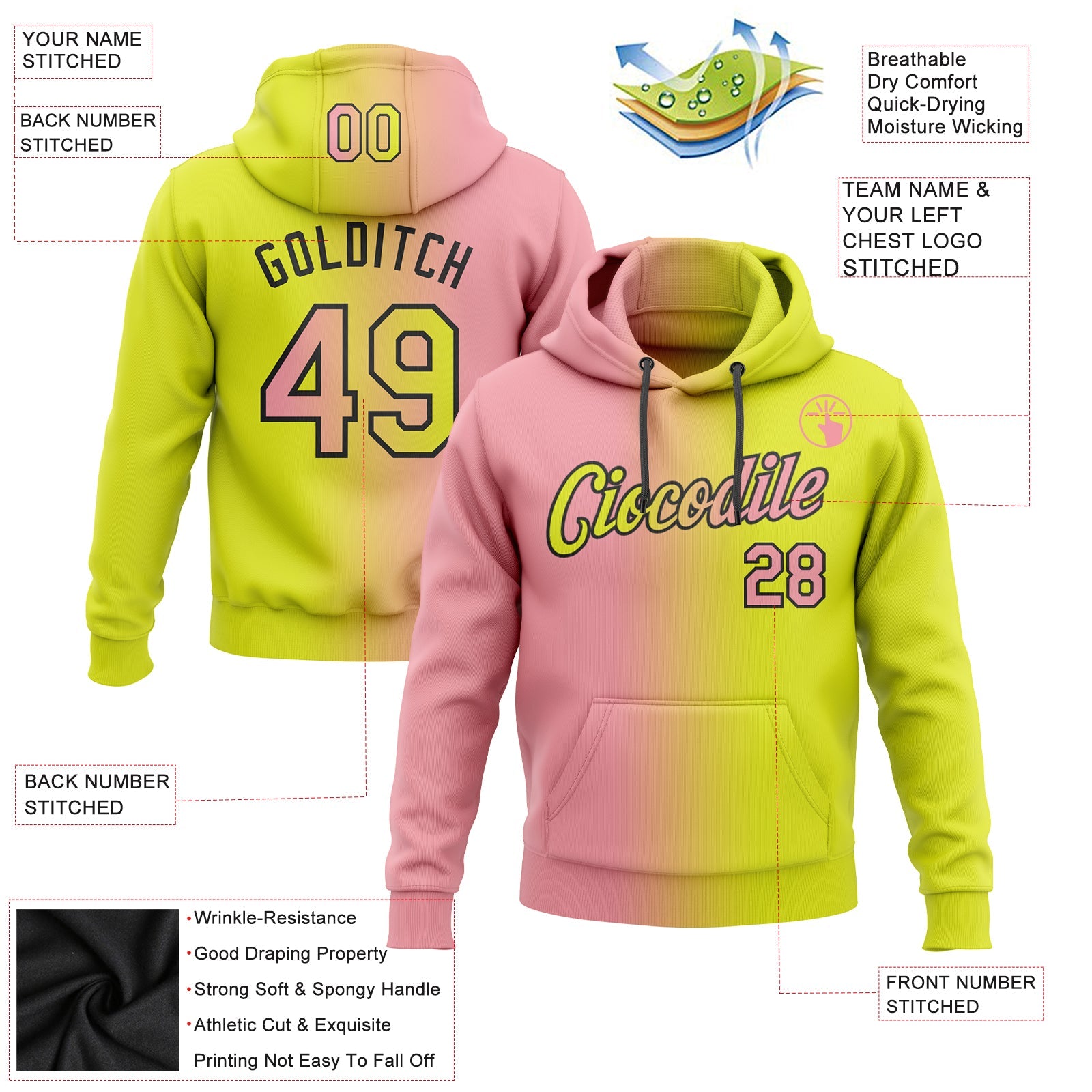 Custom Gradient Fashion Neon Yellow Medium Pink-Black Sports Pullover Sweatshirt Hoodie