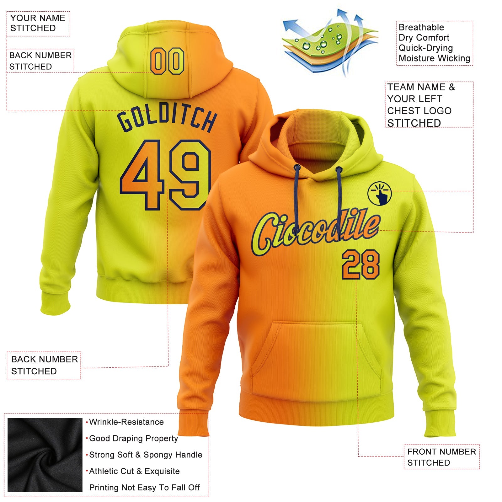 Custom Gradient Fashion Neon Yellow Bay Orange-Navy Sports Pullover Sweatshirt Hoodie