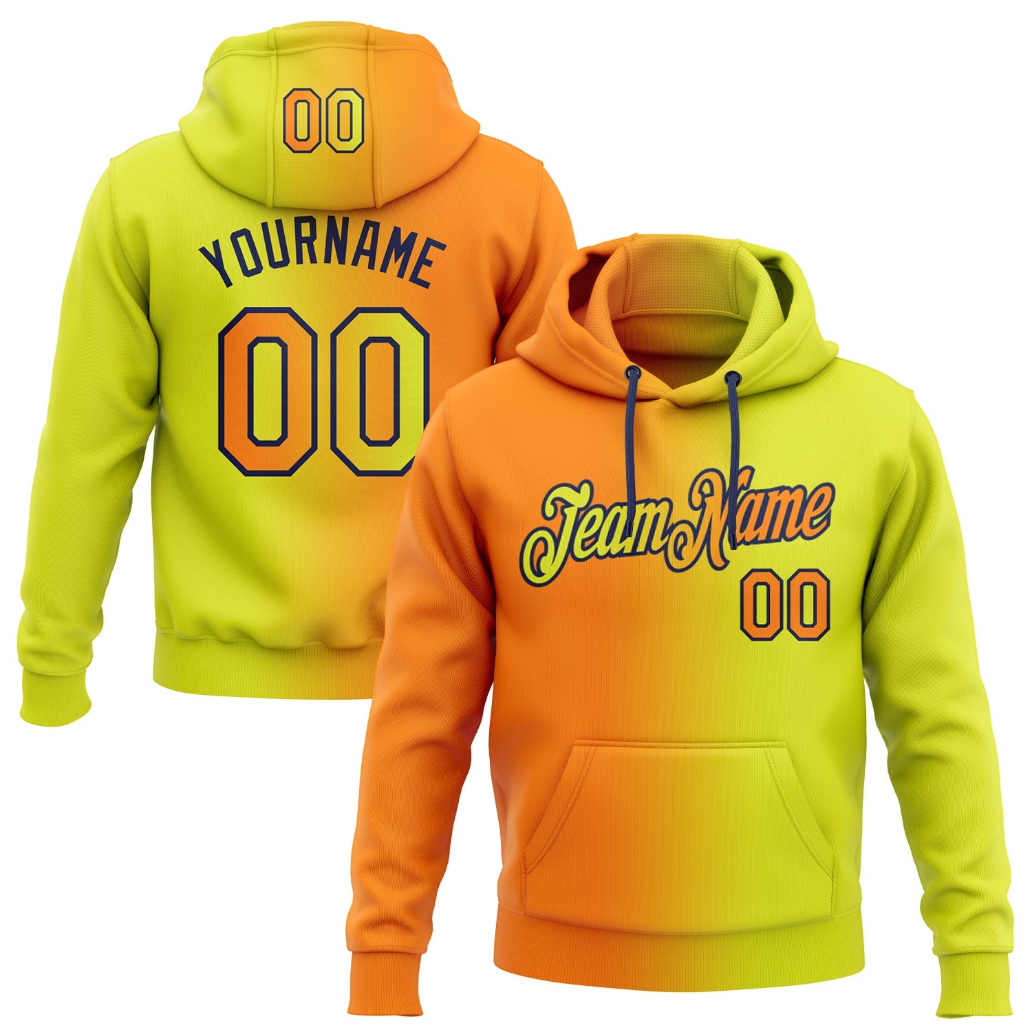 Custom Gradient Fashion Neon Yellow Bay Orange-Navy Sports Pullover Sweatshirt Hoodie