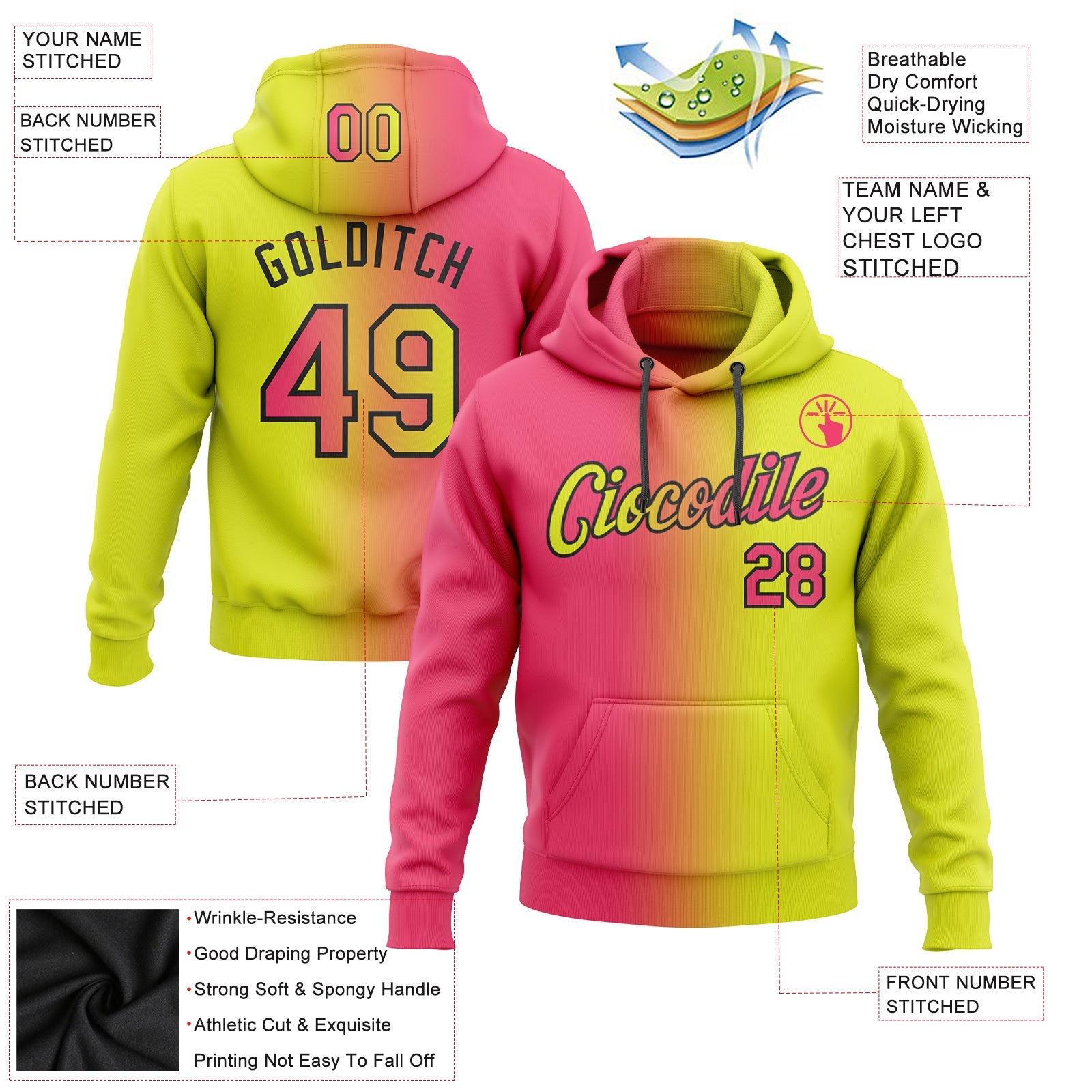 Custom Gradient Fashion Neon Yellow Neon Pink-Black Sports Pullover Sweatshirt Hoodie