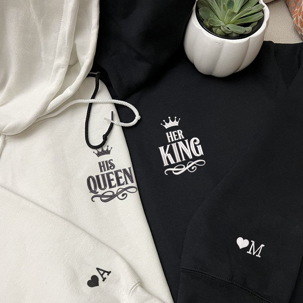 Her King x His Queen Custom Embroidered Matching Hoodies For Couples | Couple Anniversary Gift
