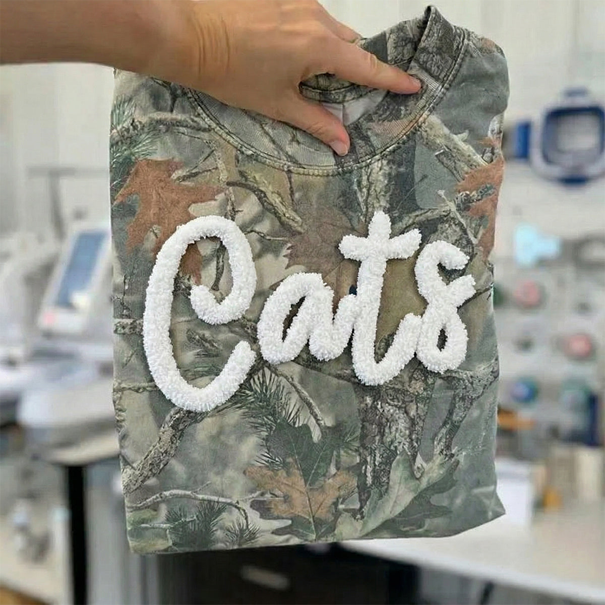 Custom College Chenille Team Name Embroidered Camo Sweatshirt | Gifts for Sports Mom
