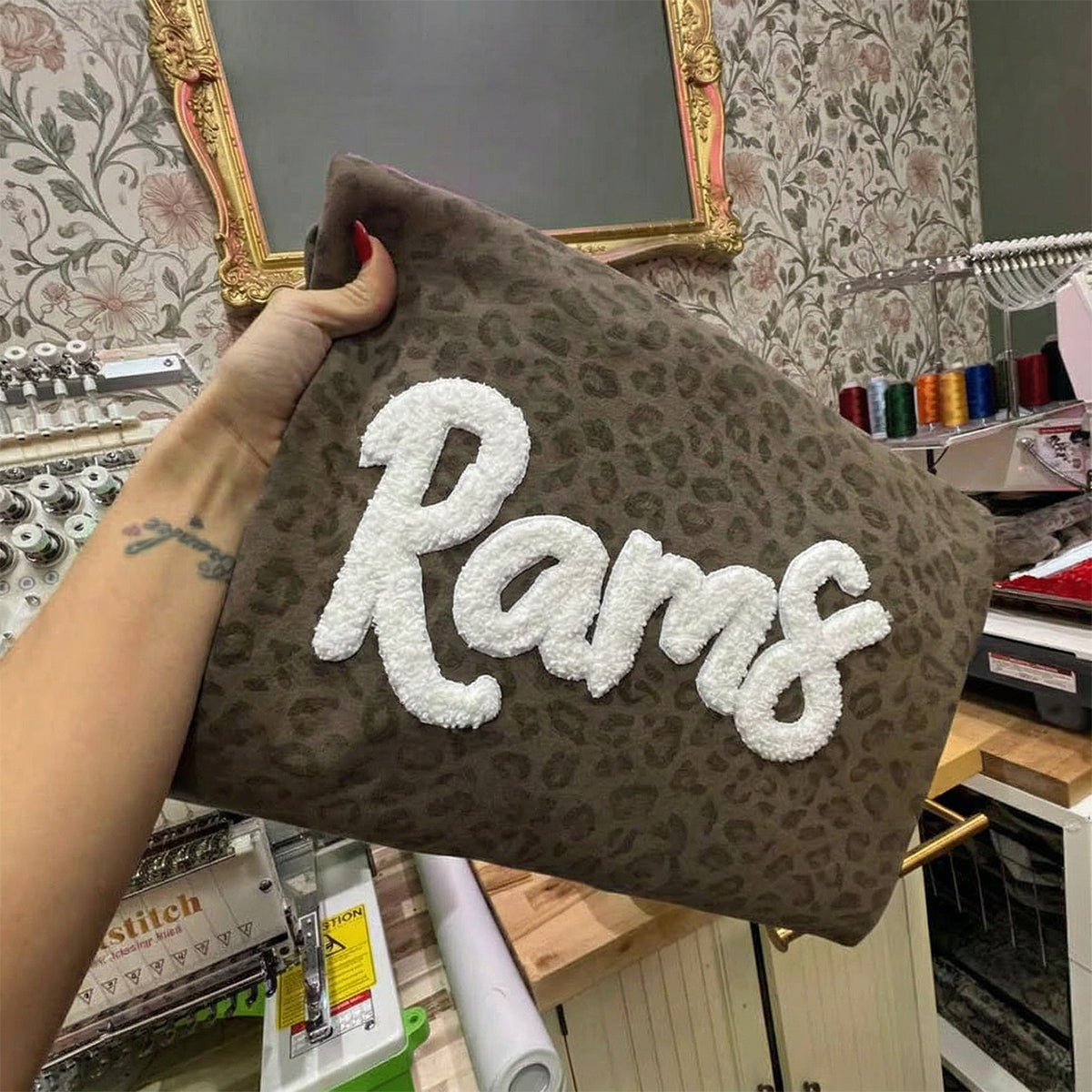 Custom College Chenille Team Name Embroidered Camo Sweatshirt | Gifts for Sports Mom