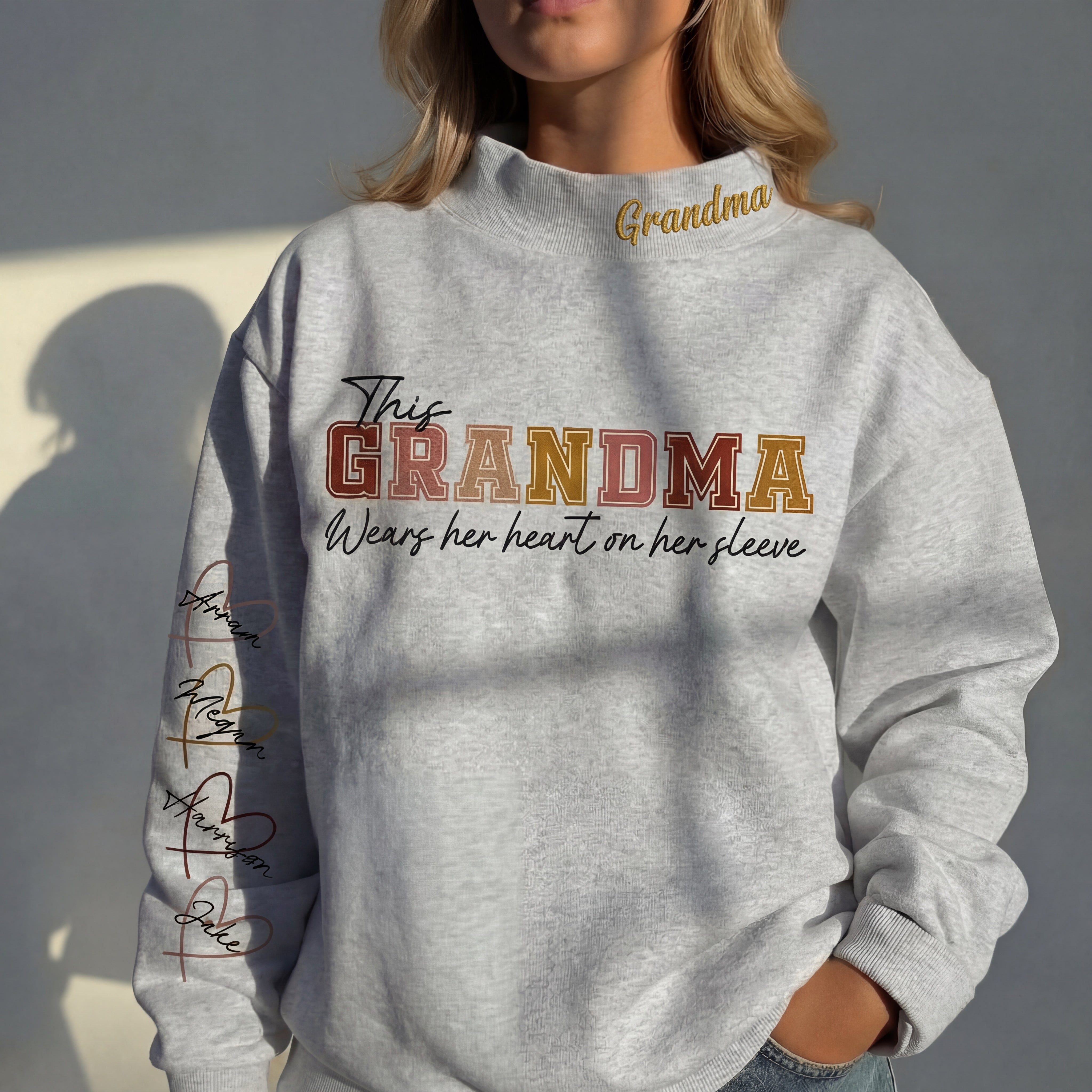 Custom Mama Wears Her Heart On Her Sleeve Mockneck Heat Transfer Sweatshirt – Stand-up Collar | Mother's Day Gift