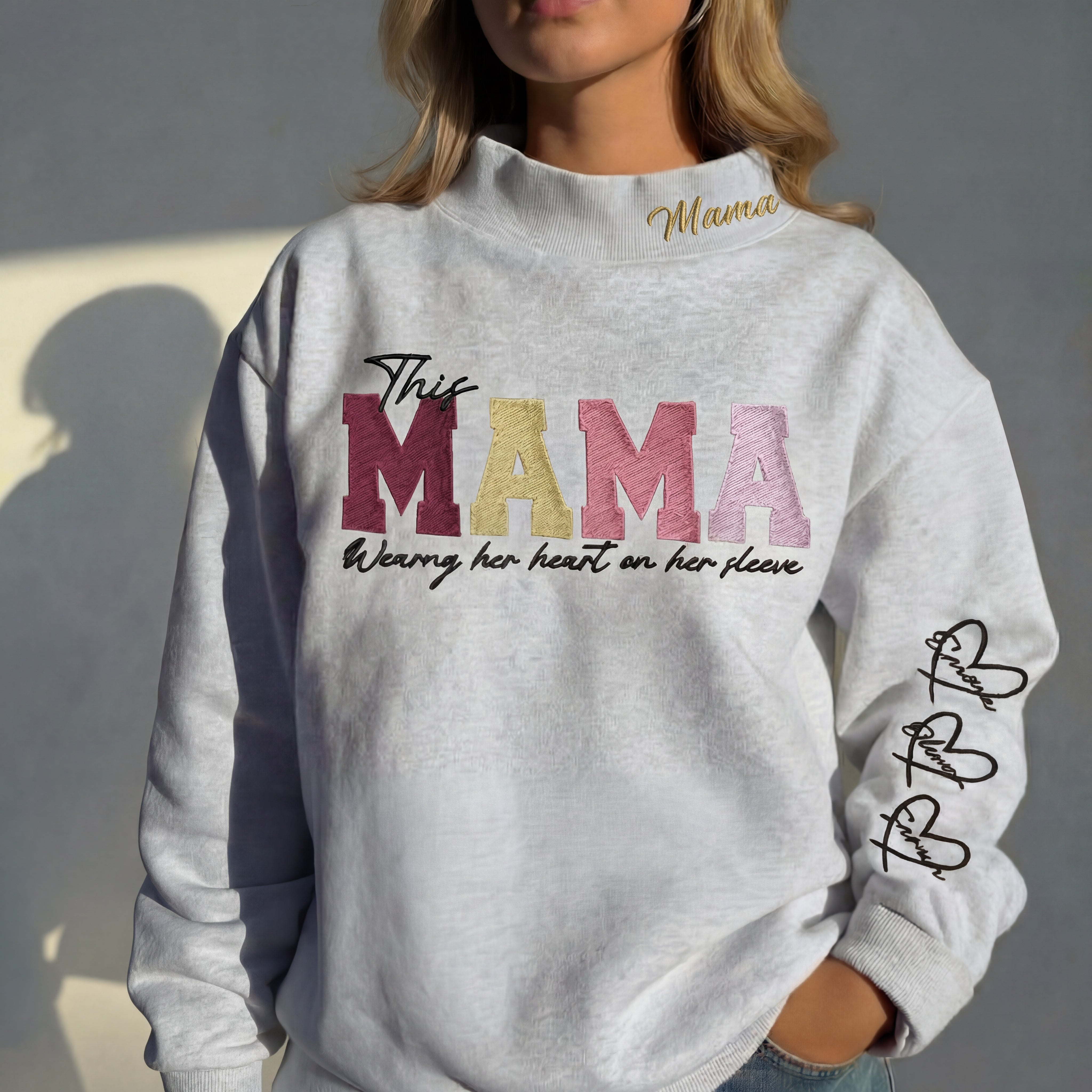 Custom Mama Wears Her Heart On Her Sleeve Mockneck Embroidered Sweatshirt – Stand-up Collar | Mother's Day Gift
