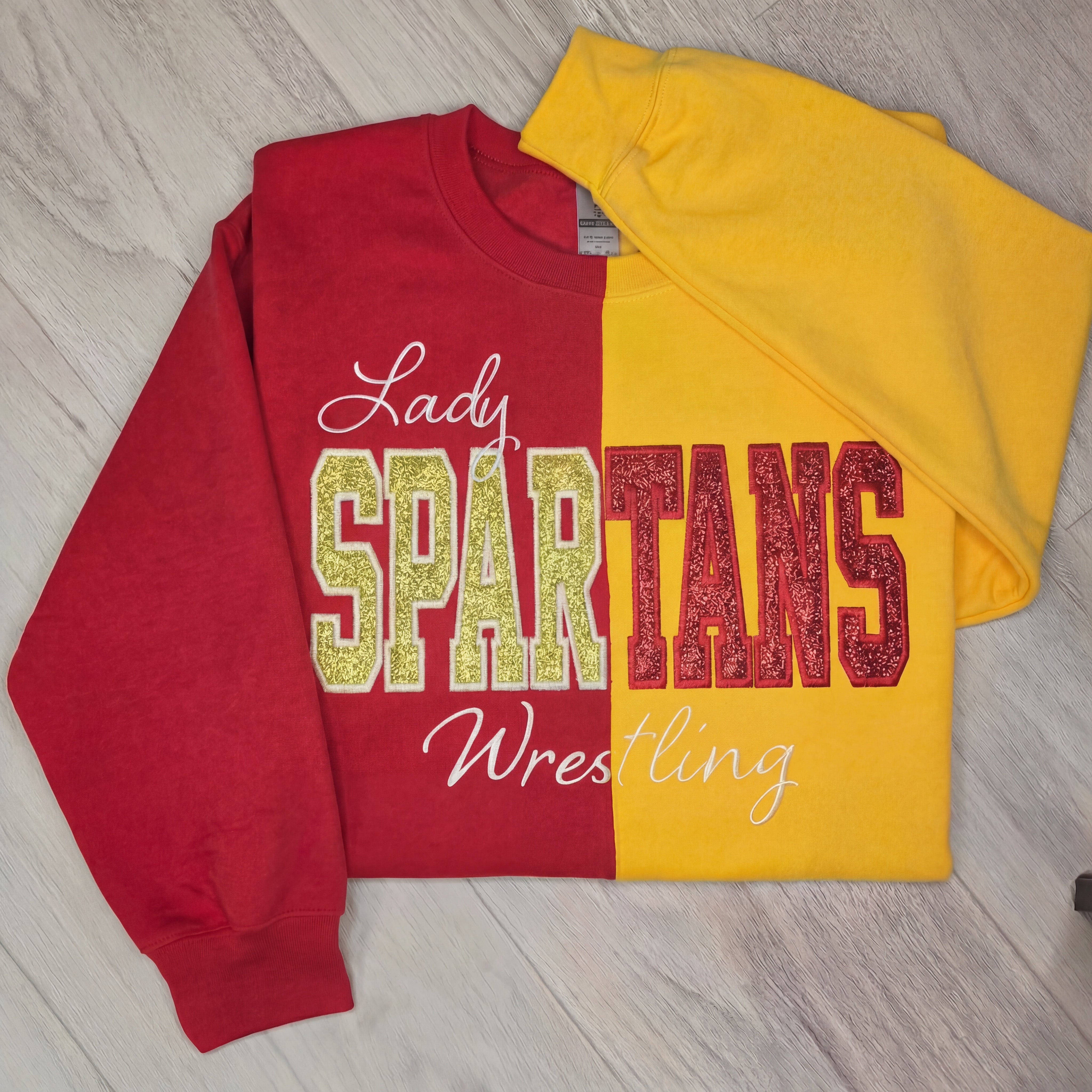 Custom Glitter Embroidered Split Color Sweatshirt – Personalized Two Tone Spirit Sweatshirt | Gifts for Sports Mom
