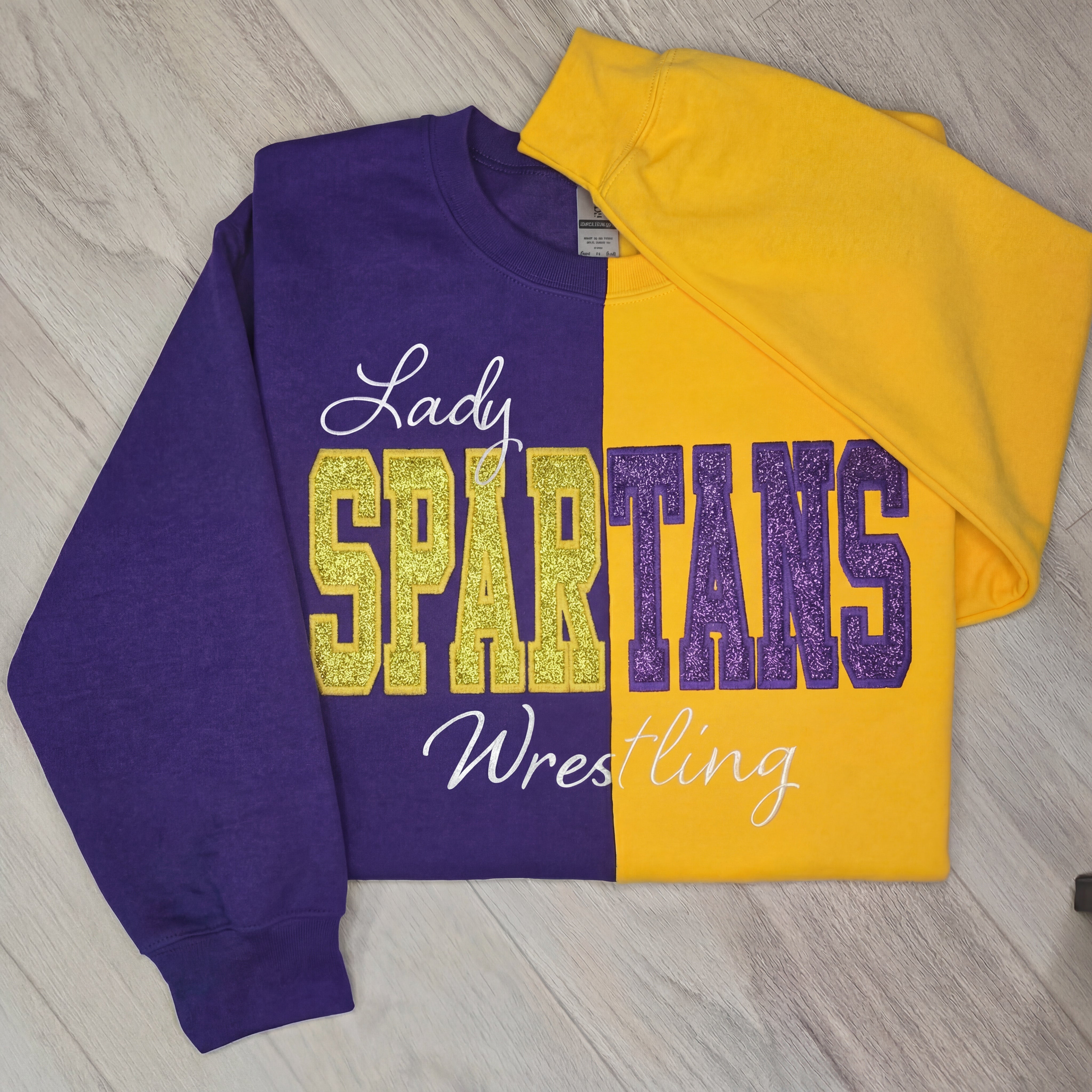 Custom Glitter Embroidered Split Color Sweatshirt – Personalized Two Tone Spirit Sweatshirt | Gifts for Sports Mom