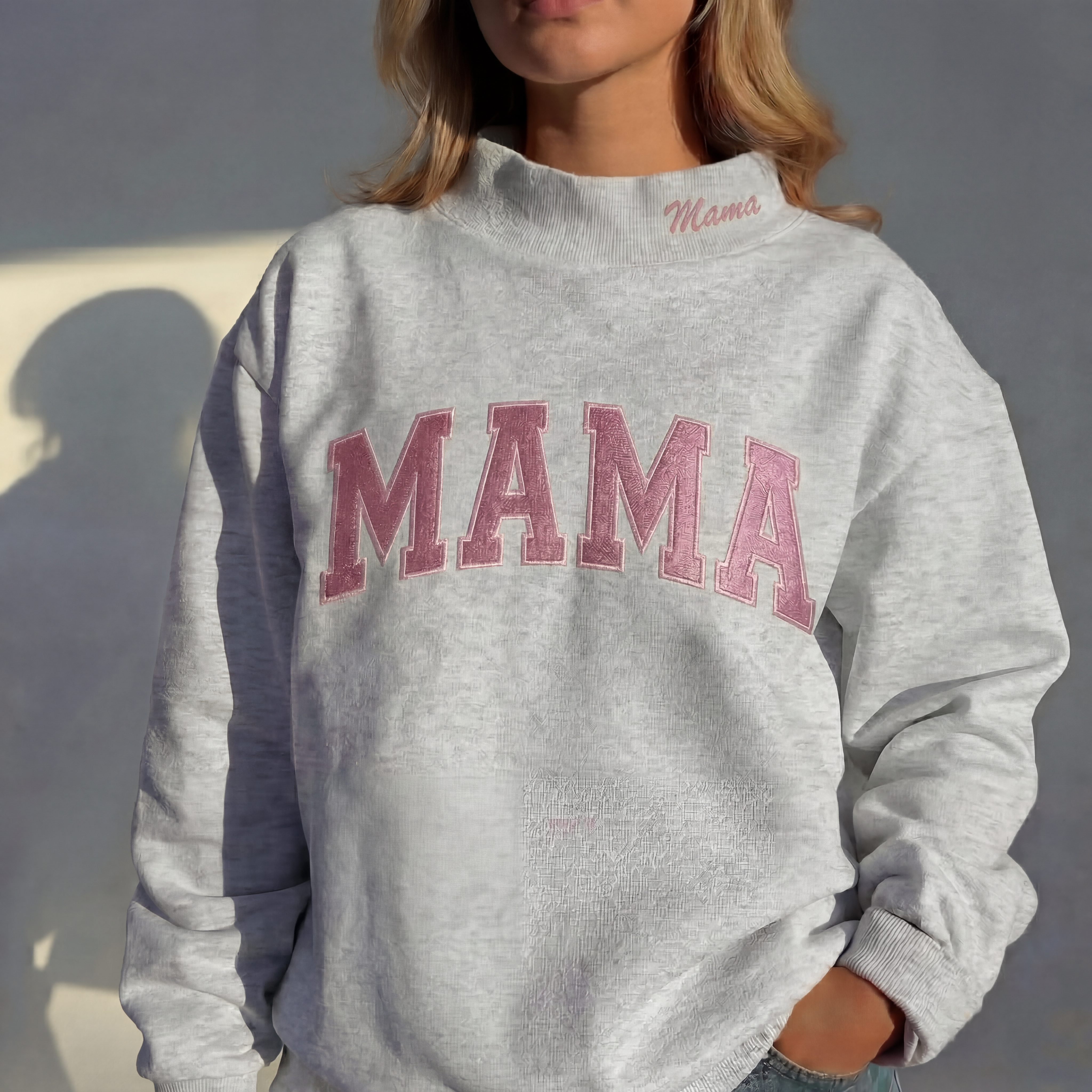 Custom Mockneck Embroidered Sweatshirt – Stand-up Collar, Embroidered "MAMA" | Mother's Day Gift