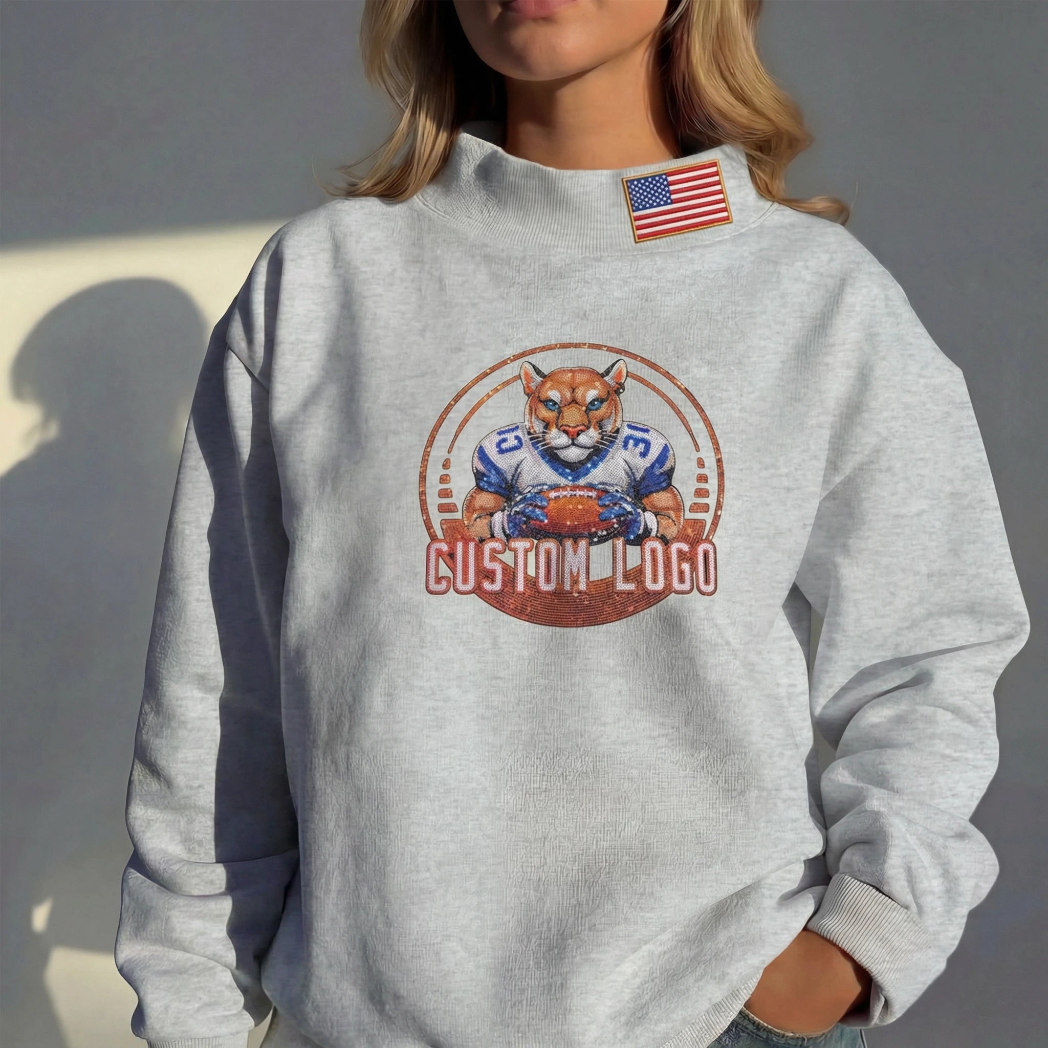 Custom Upload Your Logo Mockneck Sequin Sweatshirt – Stand-up Collar | Gifts for Sports Mom
