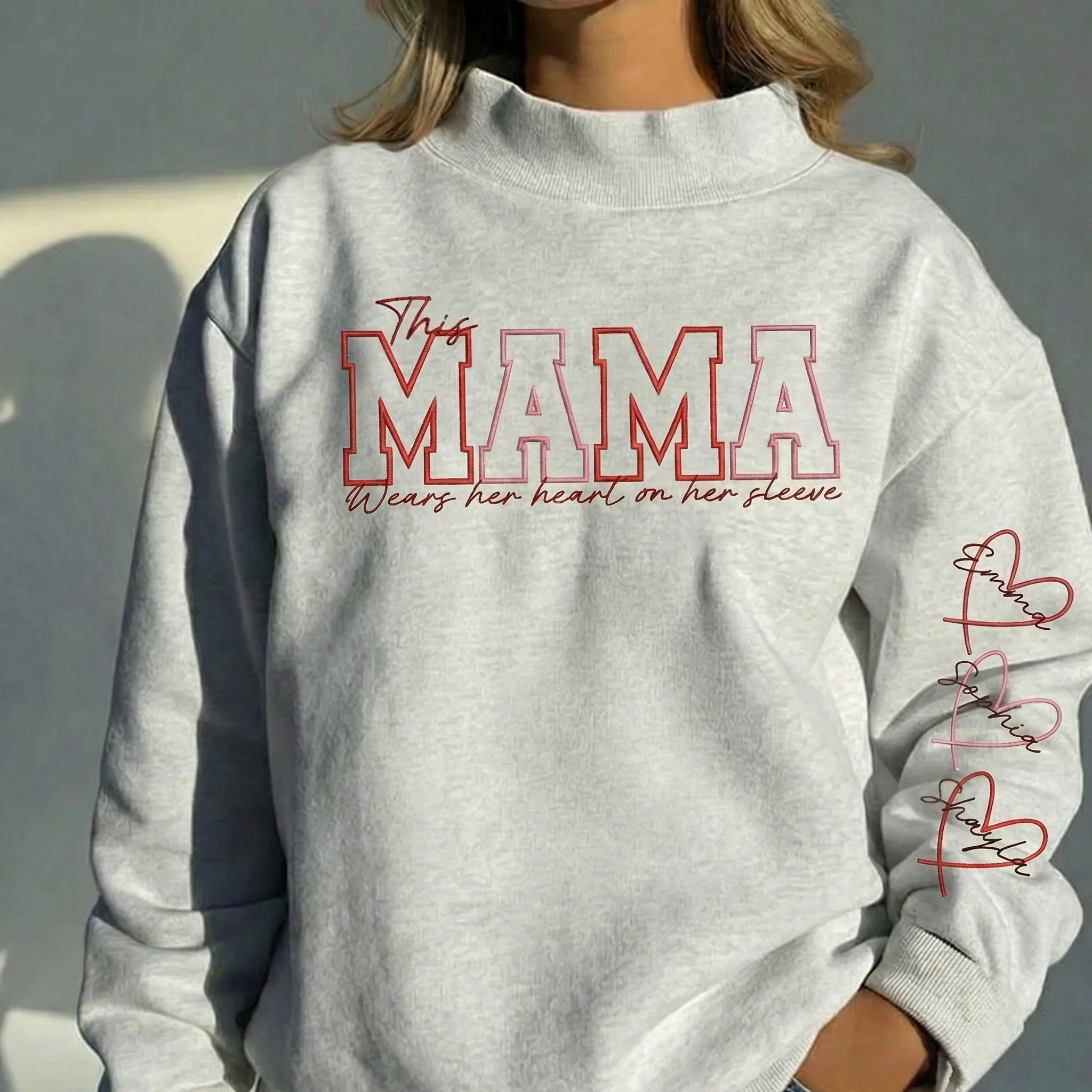 This Mama Wears Her Heart On Her Sleeve Stand Collar Sweatshirt – Personalized Kids Names Sleeve Embroidery, Washed Cotton Mother’s Day Gift for Mom | Mother's Day Gift