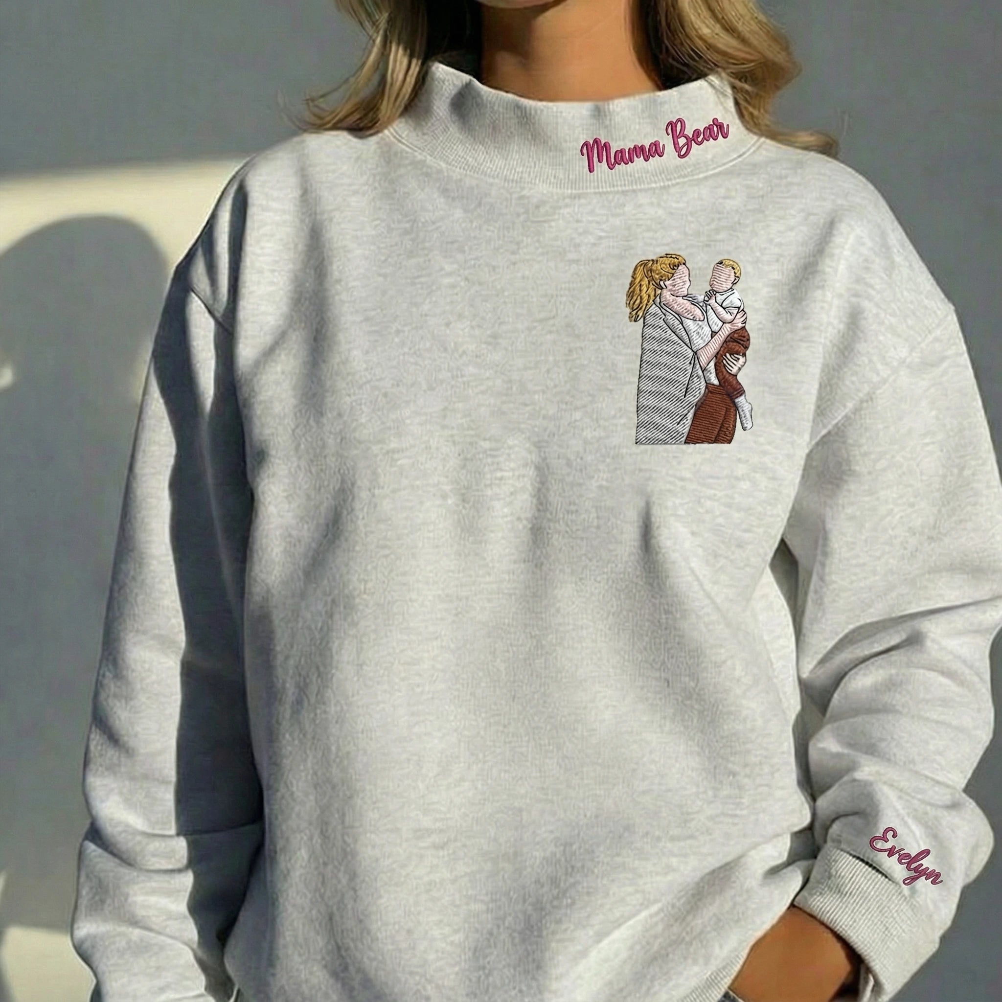 Custom Mom Portrait Embroidered Stand Collar Sweatshirt – Personalized Photo Embroidery Pullover, Washed Cotton Mother’s Day Gift for Mom & Grandma | Mother's Day Gift