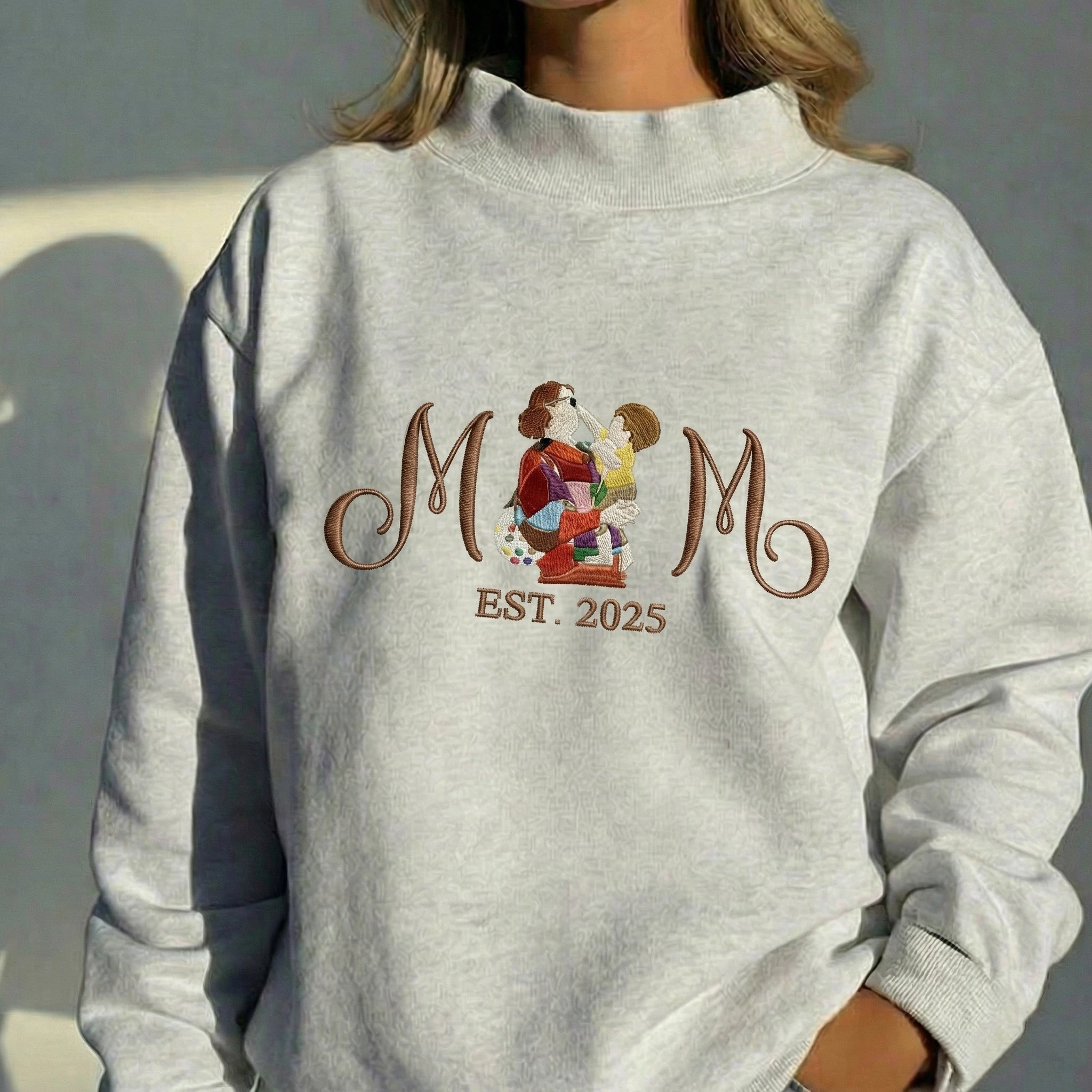 Custom MOM Portrait Embroidered Stand Collar Sweatshirt – Personalized Photo Letter Crewneck, Mother’s Day Custom Family Sweatshirt | Mother's Day Gift