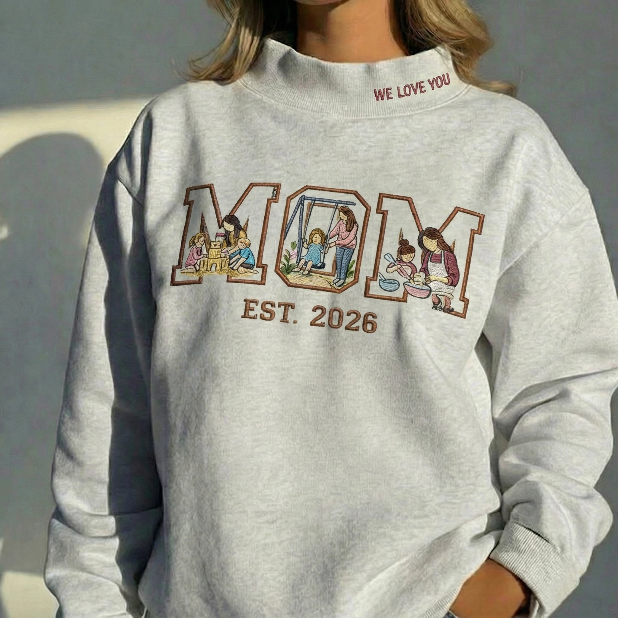 Embroidered MOM Mock Neck Sweatshirt – Personalized Family Scene Crewneck with EST Year, Custom Mother’s Day Gift for Mom & Grandma | Mother's Day Gift