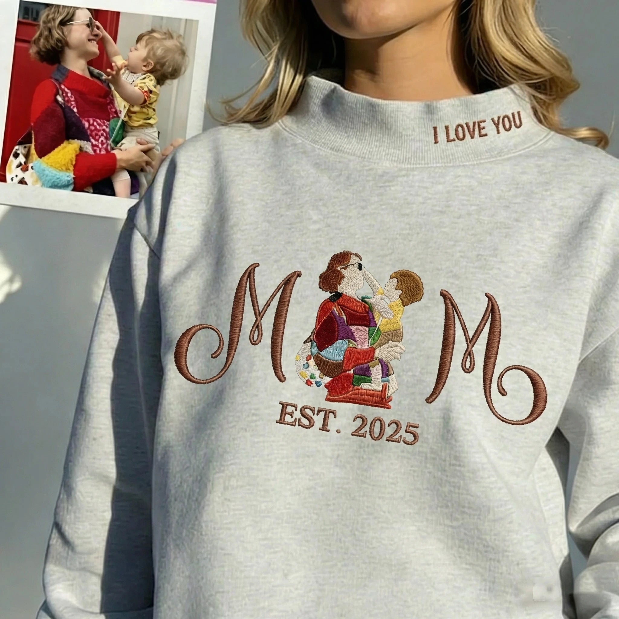 Custom MOM Portrait Embroidered Stand Collar Sweatshirt – Personalized Photo Letter Crewneck, Mother’s Day Custom Family Sweatshirt | Mother's Day Gift