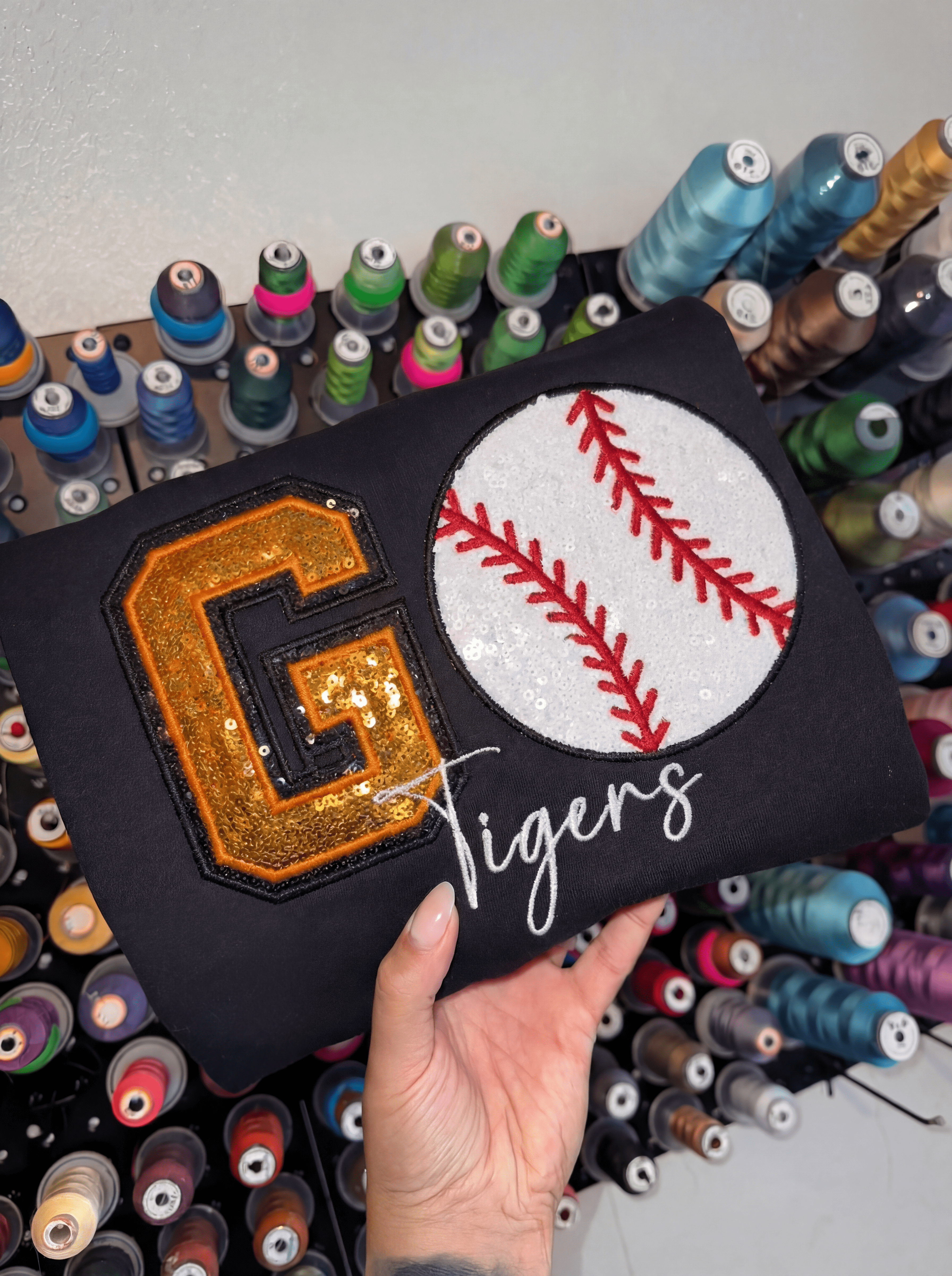 Custom Game Day Baseball Sweatshirt – Sequin Varsity Letter & Applique School Spirit Wear | Gifts for Sports Mom