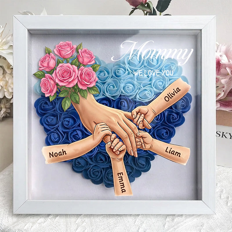 "Pink Roses"-Personalized Mom Holding Hands Shadow Box-Mother's Day Remembrance Frame, In Loving Memory Gift