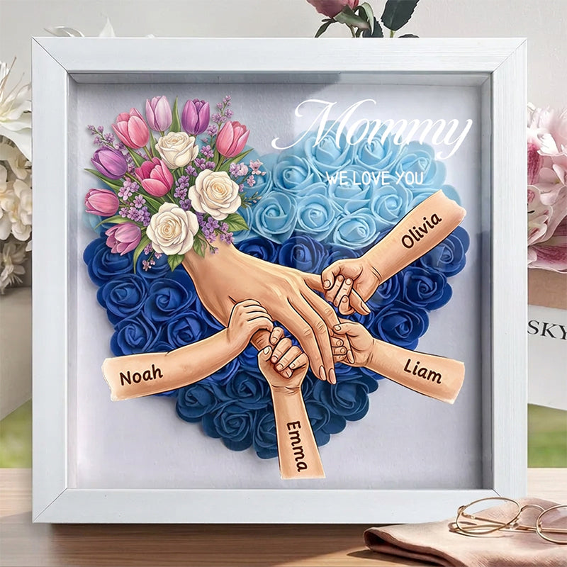 "Tulips & White Roses"-Personalized Mom Holding Hands Flower Shadow Box-Mother's Day Remembrance Frame, In Loving Memory Gift