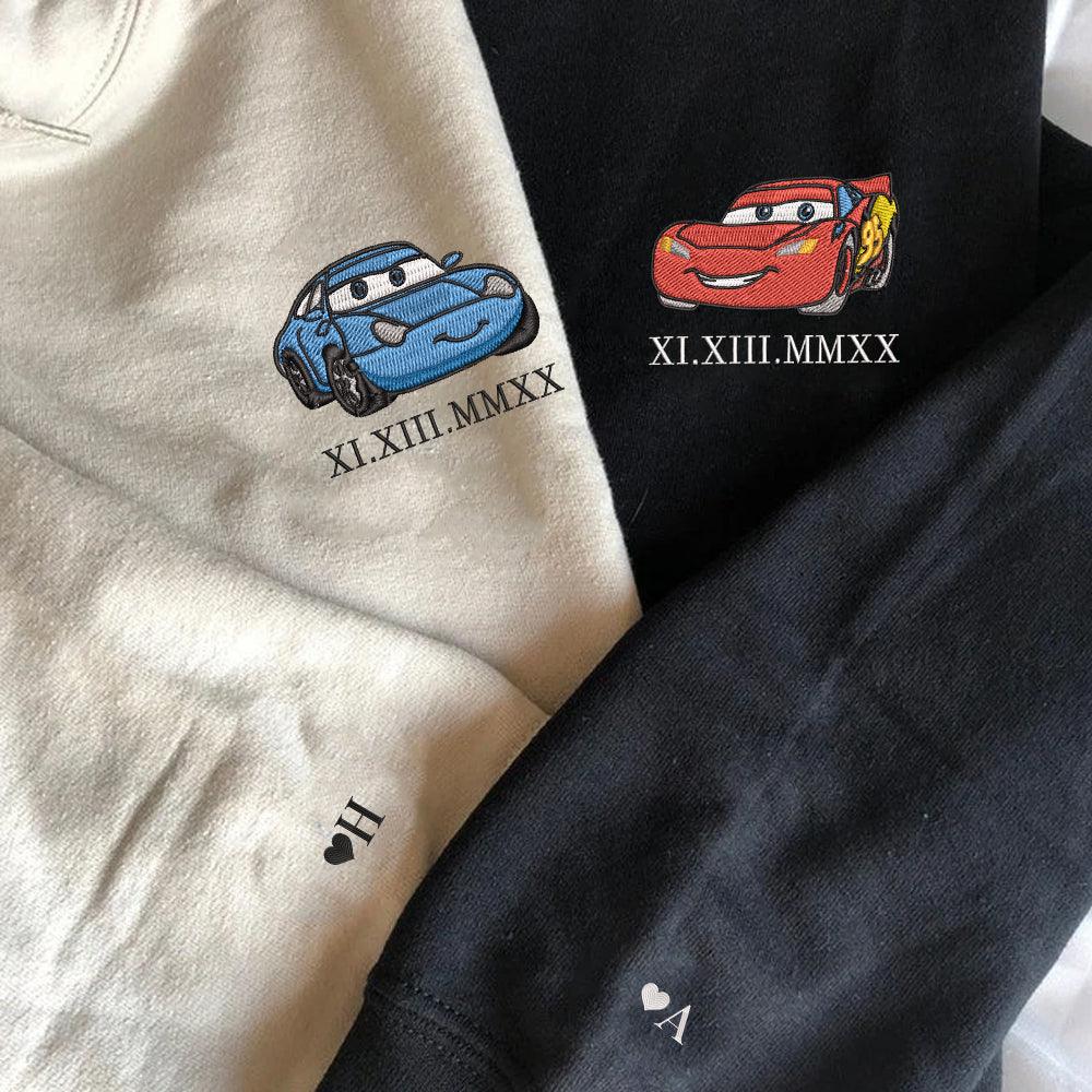Custom Embroidered Roman Numeral Number Hoodies For Couples, Lightning x Valepand Cartoon Cars Embroidered Hoodie