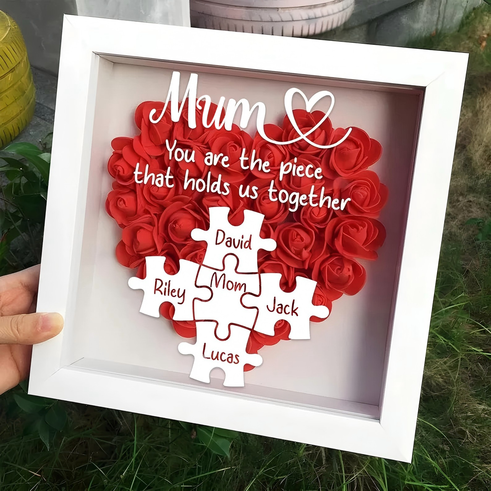 Custom Mom Puzzle With Kids Names Heart Flower Shadow Box, Birthday Mom Gift, Mum Gift, Mother's Day Gift, Flower Box For Mom, Grandma Gift