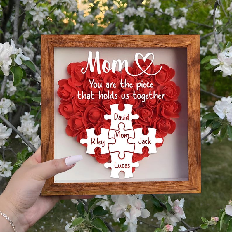 Custom Mom Puzzle With Kids Names Heart Flower Shadow Box, Birthday Mom Gift, Mum Gift, Mother's Day Gift, Flower Box For Mom, Grandma Gift