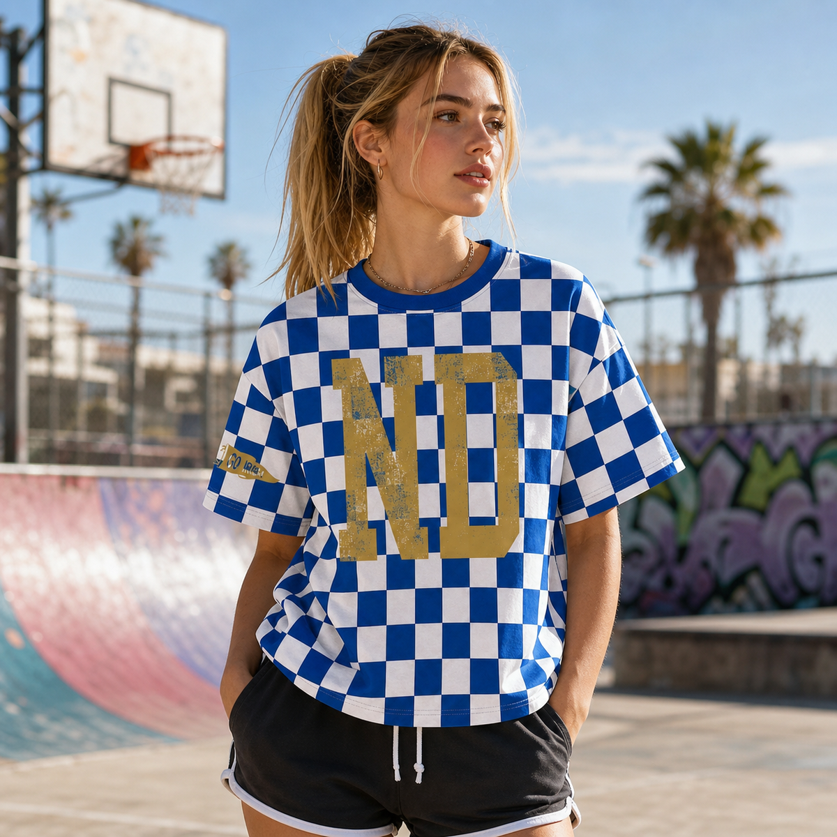 Custom College Team Name Vintage Print Checkered T-Shirt | Game Day Wear