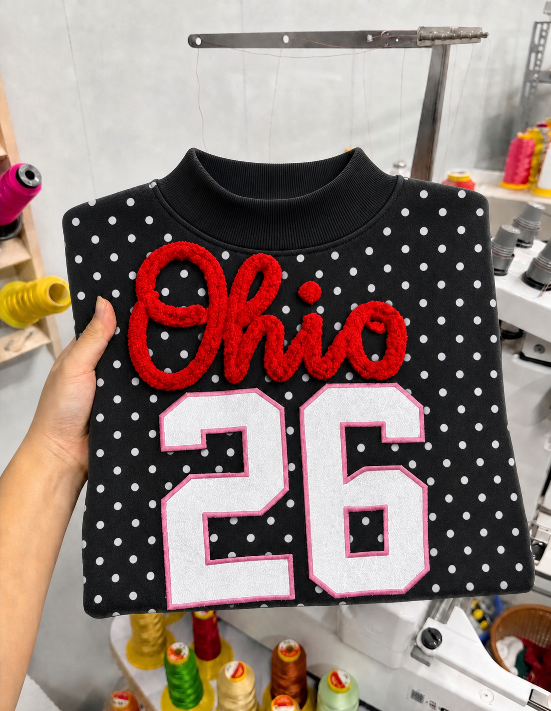 Custom Chenille Embroidered Team Name, Glitter Number Polka Dot Mockneck, Personalized Sports Gear | Game Day Wear