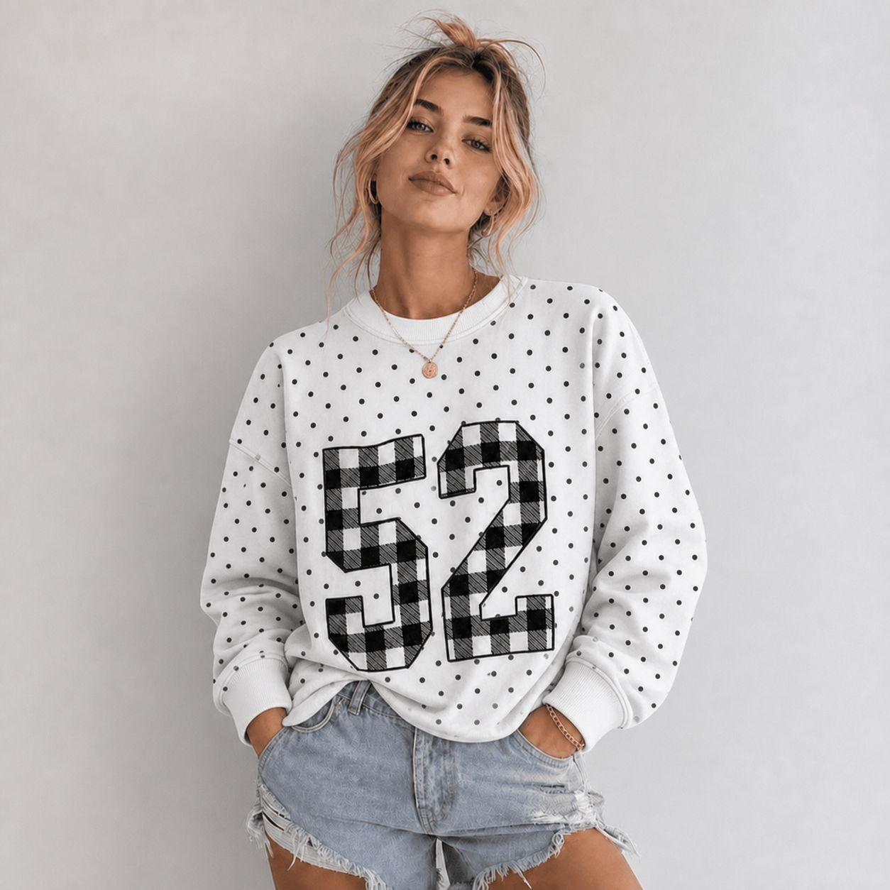 Custom Number Sweatshirt - Gingham Applique Embroidered Varsity Game Day Sweatshirt