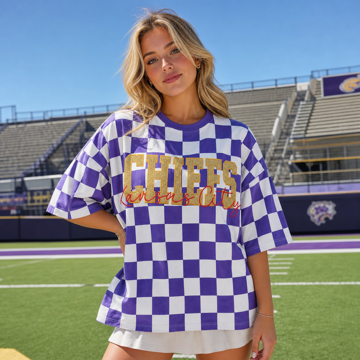 Custom Embroidered Glitter Team Checkered T-Shirt | Personalized Game Day Spirit Tee | Sports Fan Apparel