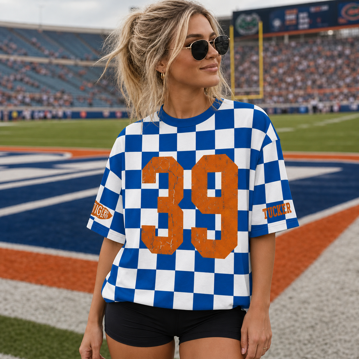 Custom Vintage Varsity Number or Letter Sport Team Checkered T-shirt | Game Day Wear