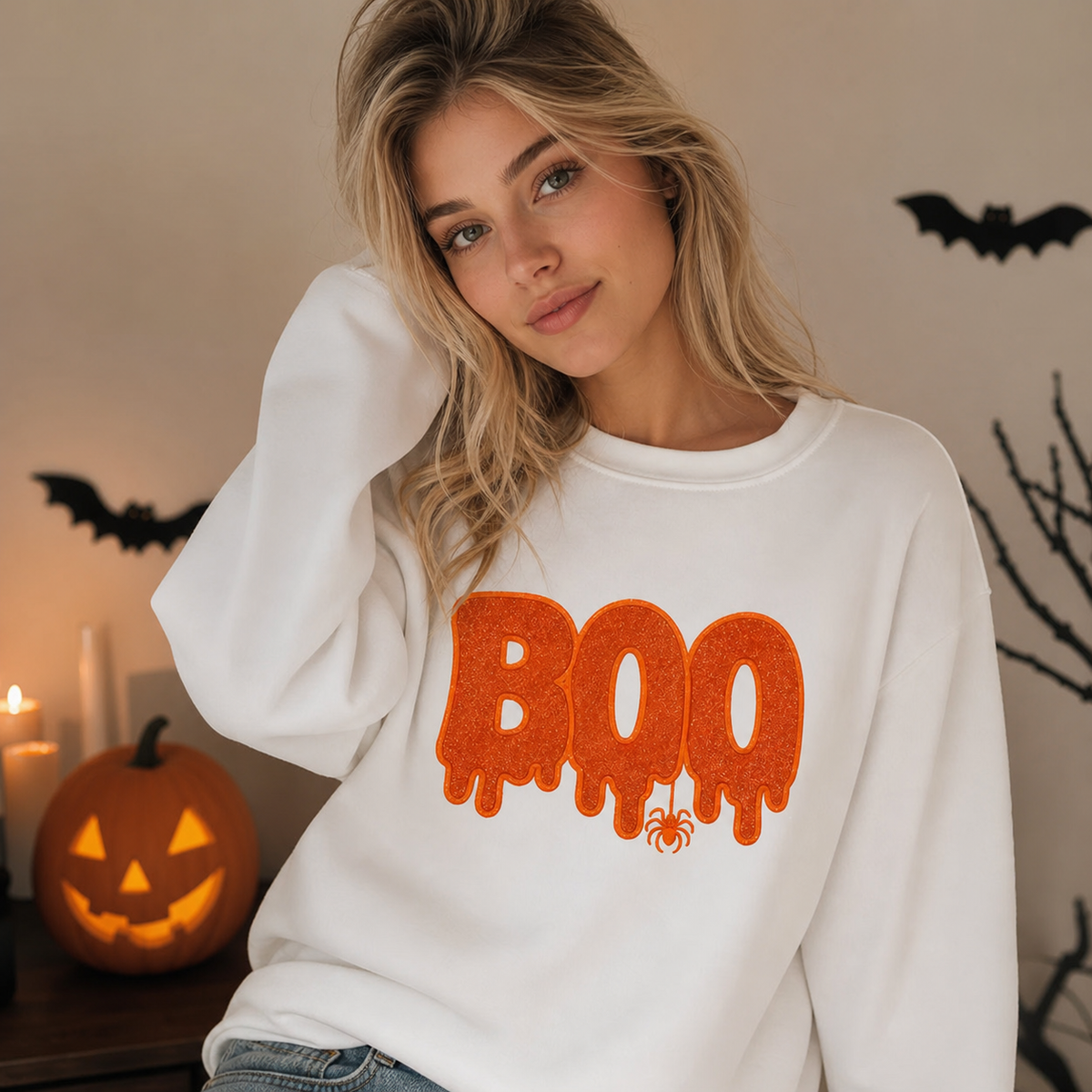 Custom Halloween Glitter Letters Boo Embroidered Sweatshirt