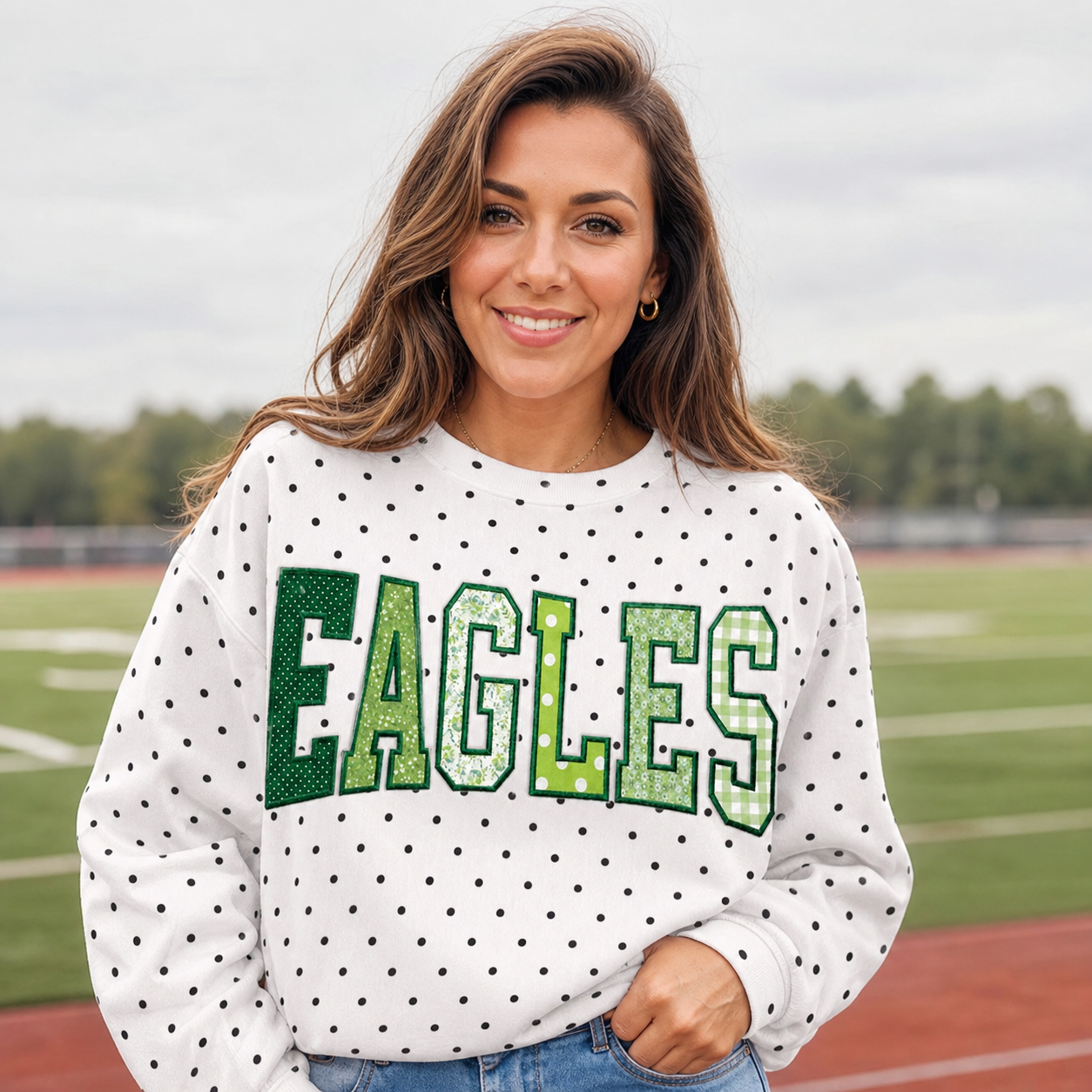 Custom Patchwork Fabric Embroidered Polka Dot Sweatshirt Team and School Name Applique Varsity Letters | Game Day Wear