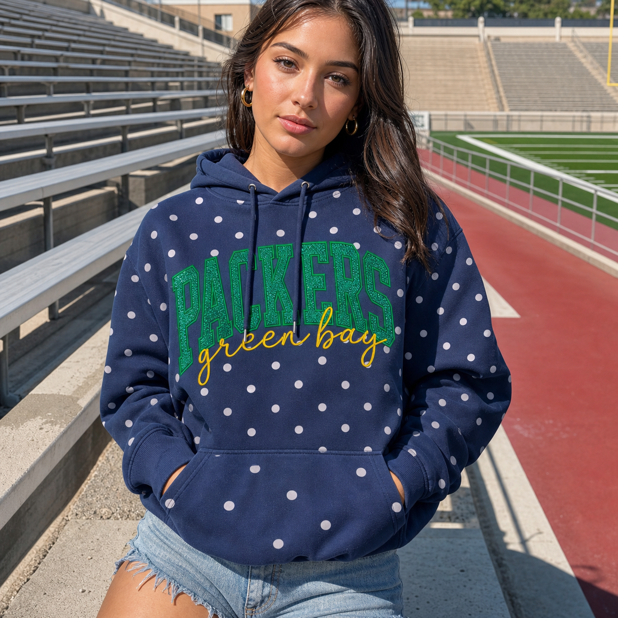 Custom Embroidered Glitter Vinyl Team Polka Dot Hoodie- Game Day Best Gear | Gifts for Sports Mom | Game Day Wear