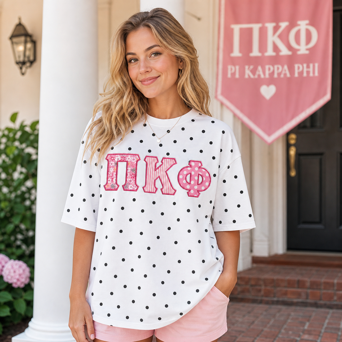 Custom Greek Letter Floral Applique Sorority Polka Dot T-shirt|Big Little Gift Bid Day T-shirt