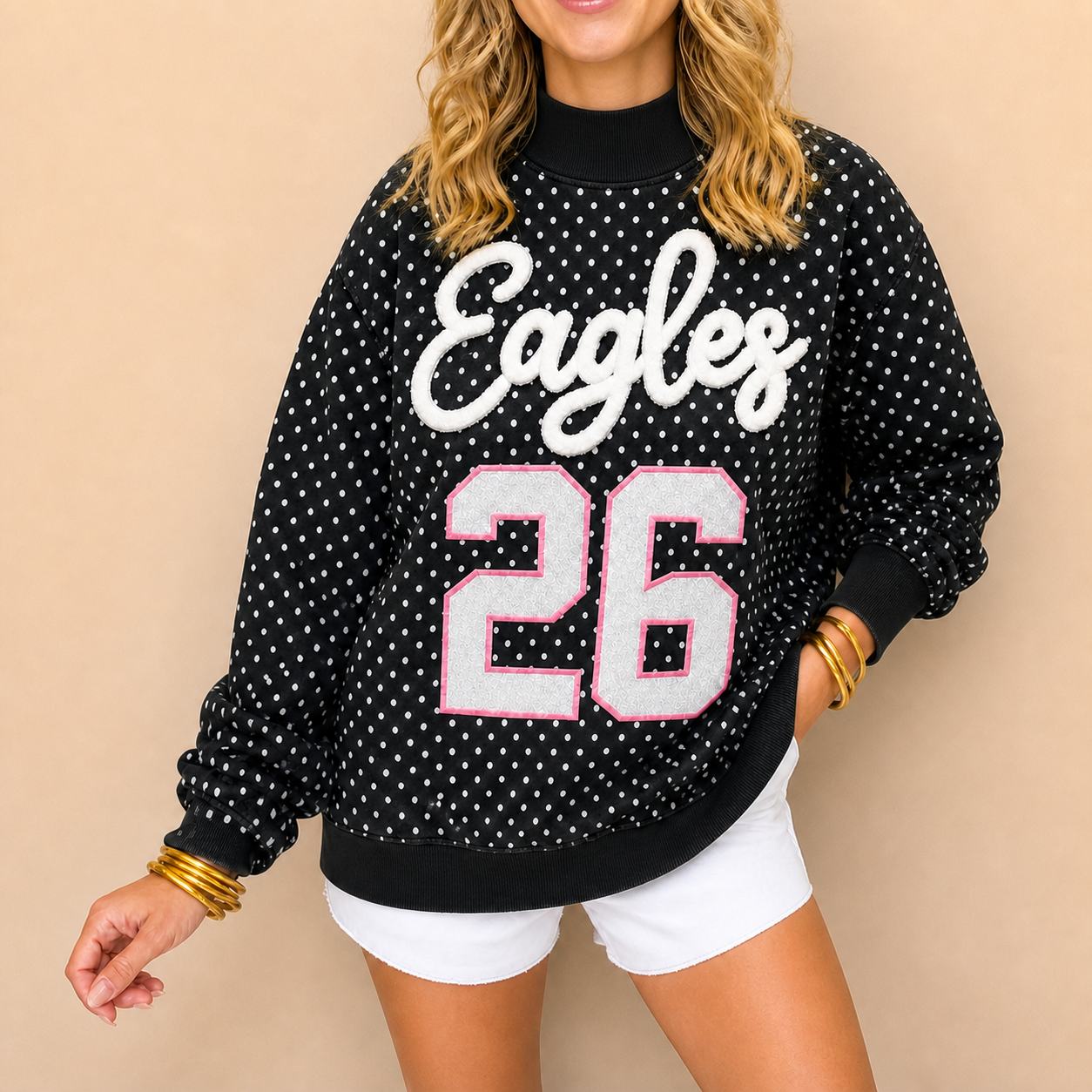Custom Chenille Embroidered Team Name, Glitter Number Polka Dot Mockneck, Personalized Sports Gear | Game Day Wear