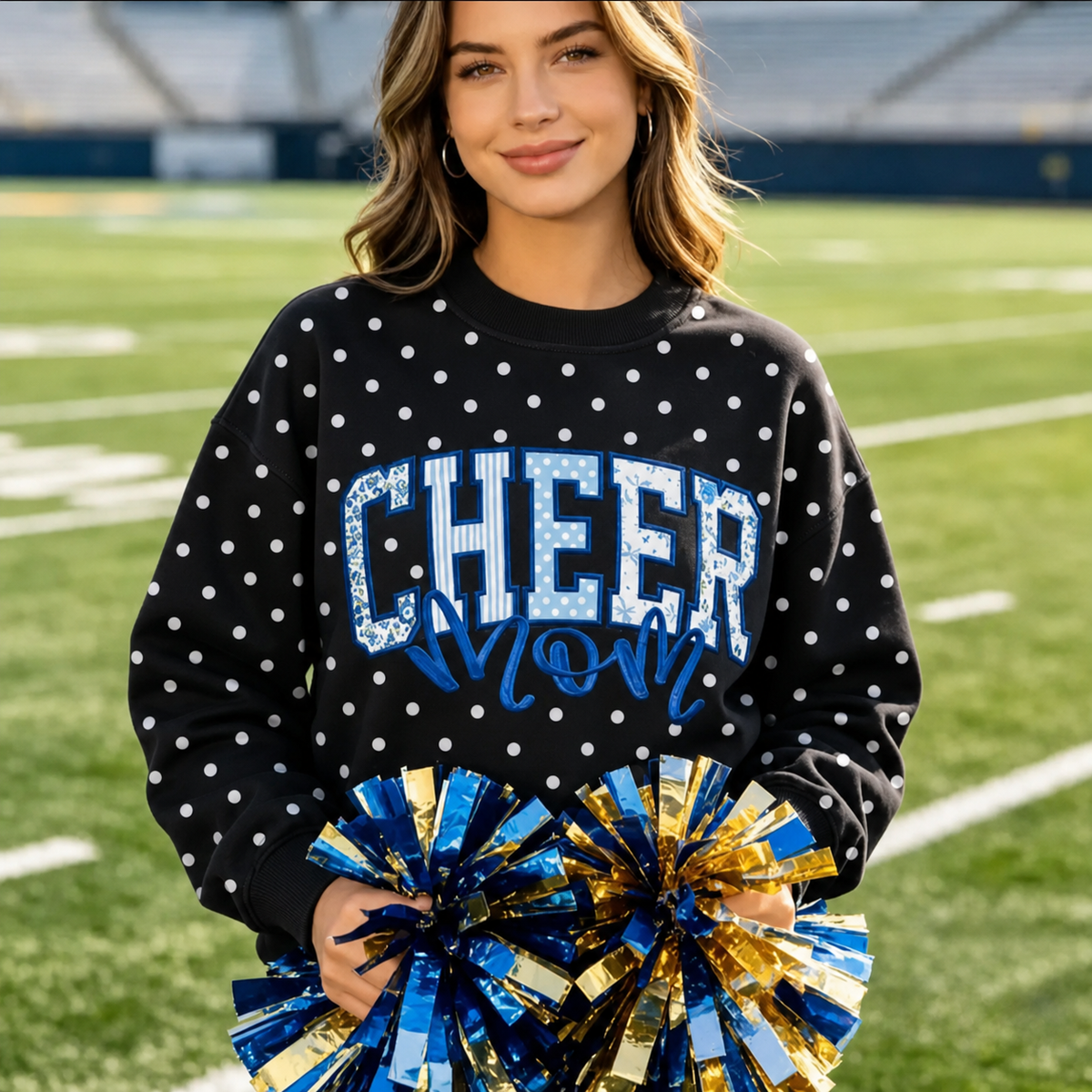 Custom Fabric Patch Letter Polka Dot Game Day Cheer Mom Sweatshirt| Cheerleading Mom Spirit Gift