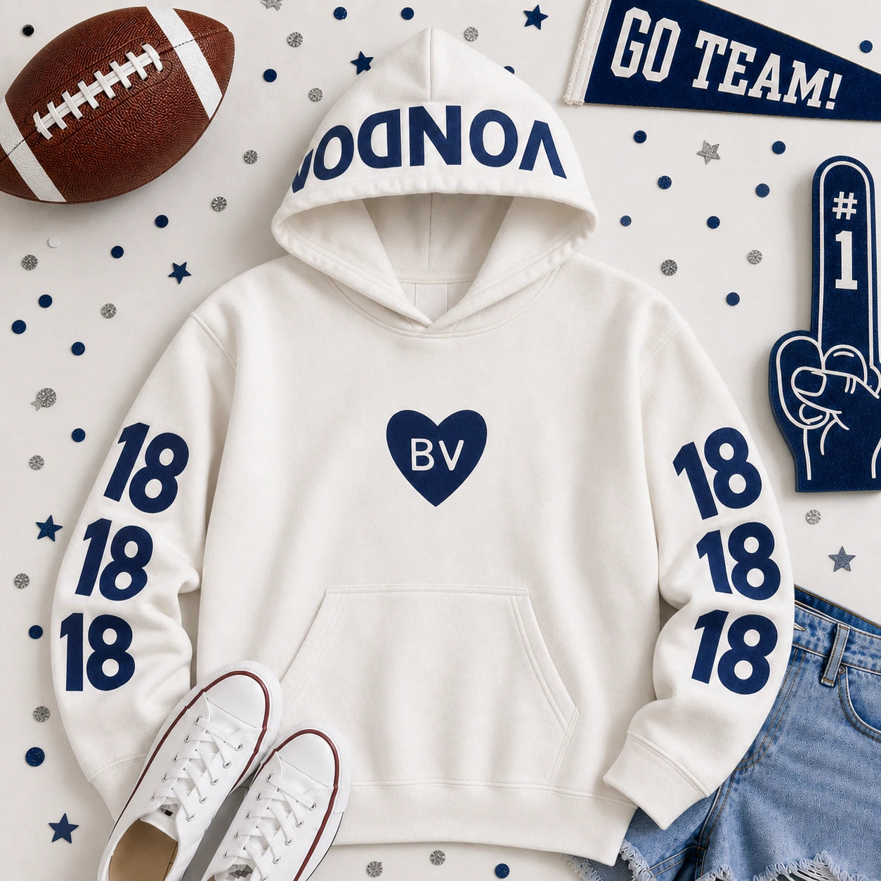 Custom Heart Embroidered Applique Hoodie | Personalize Patchwork Number On Sleeve