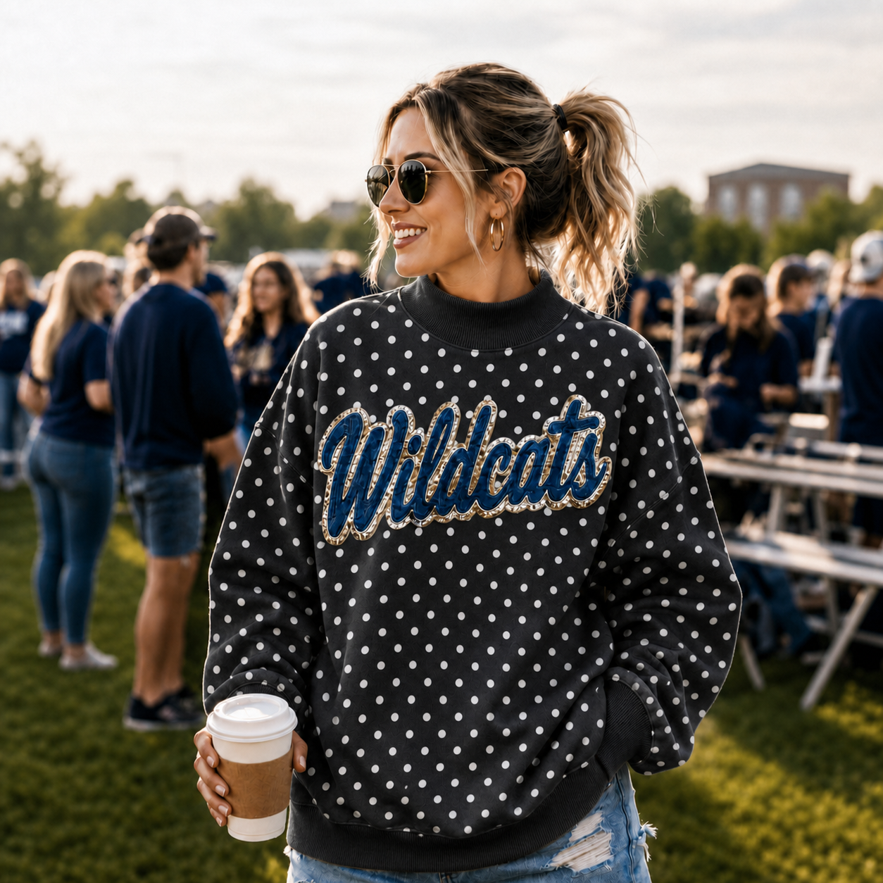 Custom Denim Applique Team Name Polka Dot Mockneck Sport Gifts