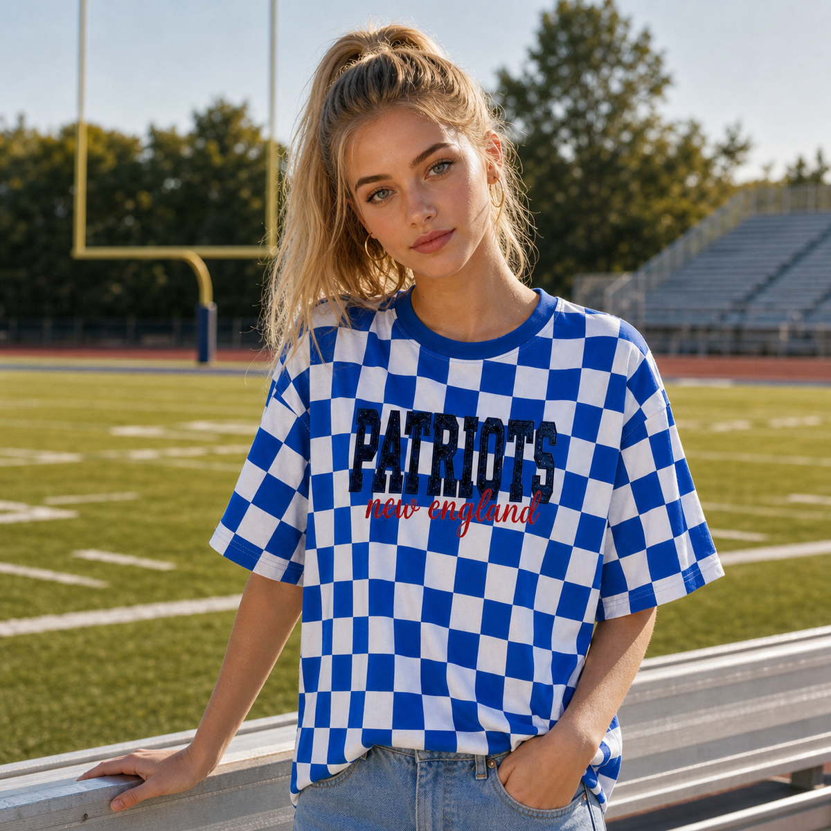 Custom Embroidered Glitter Team Checkered T-Shirt | Personalized Game Day Spirit Tee | Sports Fan Apparel