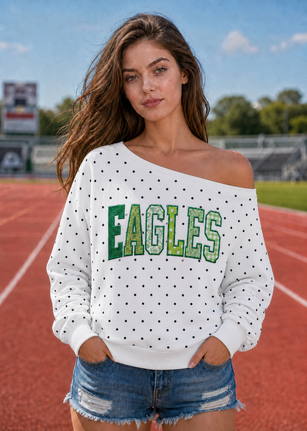 Custom Patchwork Fabric Embroidered Off-Shoulder Polka Dot Sweatshirt |Team and School Name Applique Varsity Letters | Game Day Wear