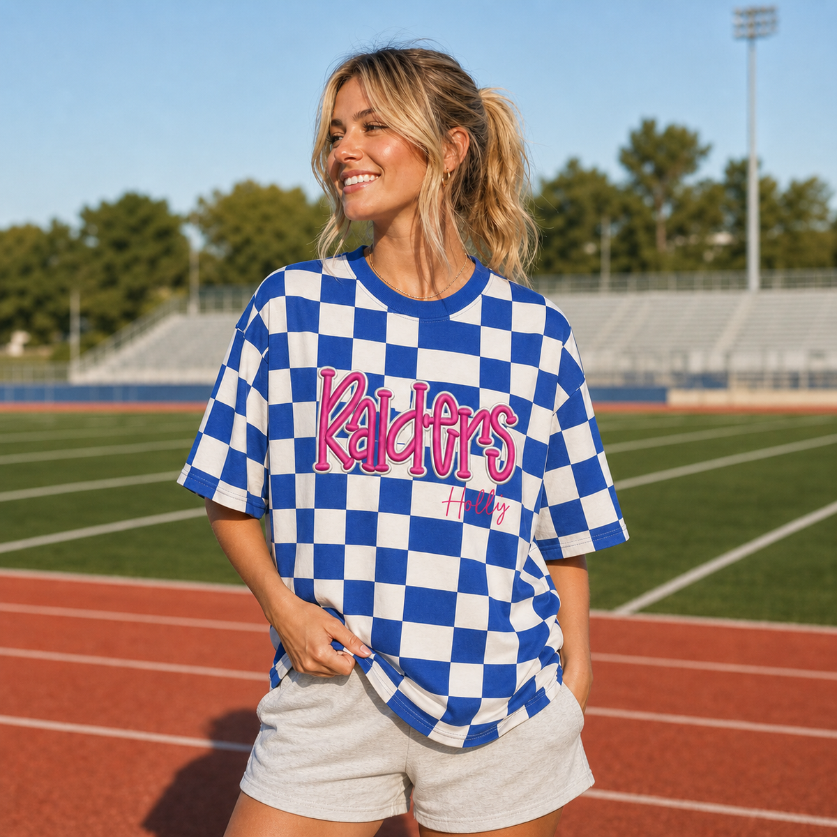 Custom College Team 3D Embroidered Checkered T-shirt | Game Day Wear