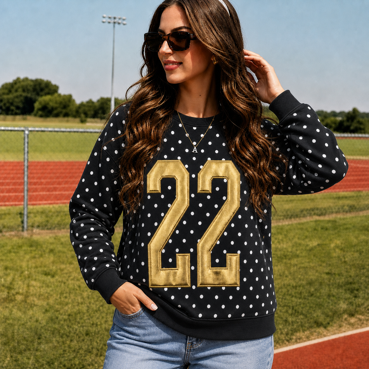 Custom Metallic Puff Number Polka Dot Sweatshirt | Personalized Team Name Game Day Tee | Vintage School Spirit Sweatshirt