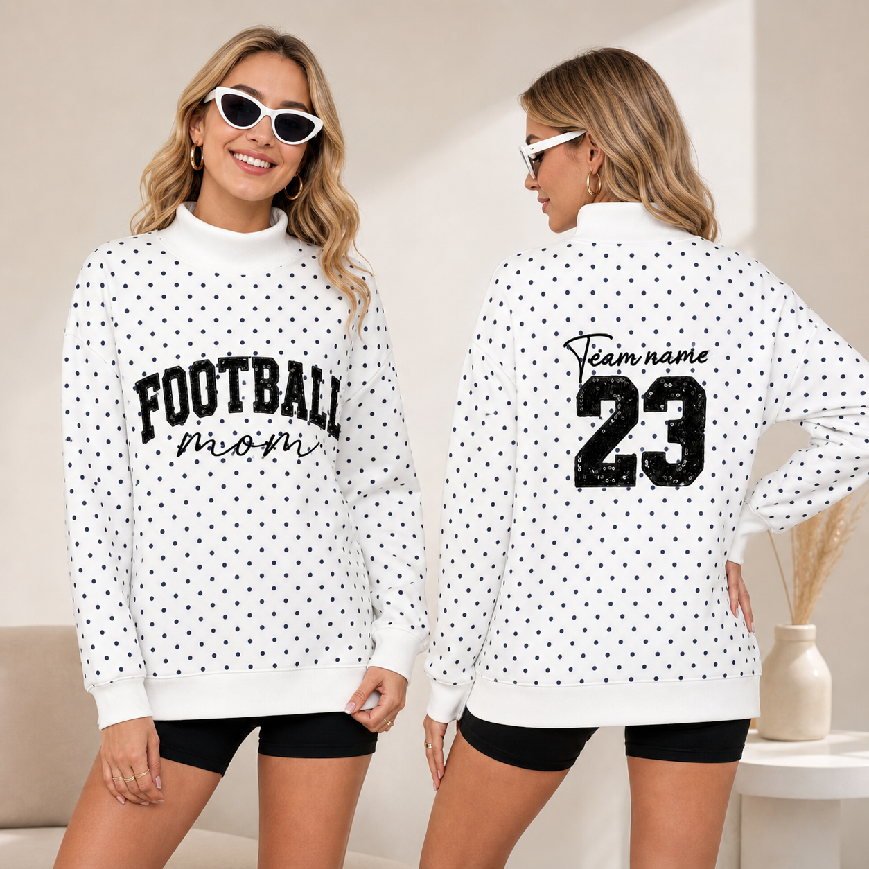 Custom Football Mom Mockneck – Personalized Sequin Polka Dot Mock Neck Pullover with Team Name & Number