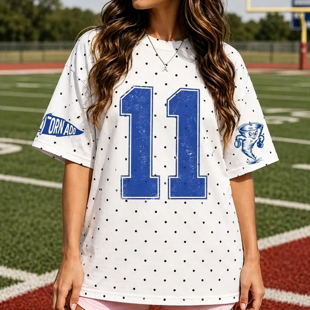 Custom Polka Dot Varsity Tee – Personalized Retro Number and Team Spirit T-Shirt
