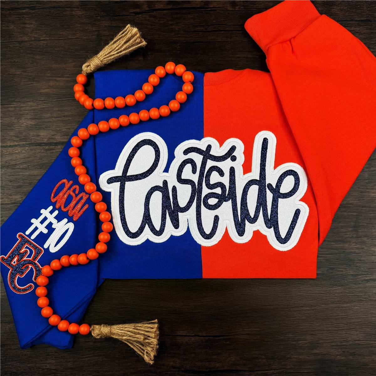 Custom Embroidered Glitter College Team Split Sweatshirt School Mascot Two Tone Crewneck