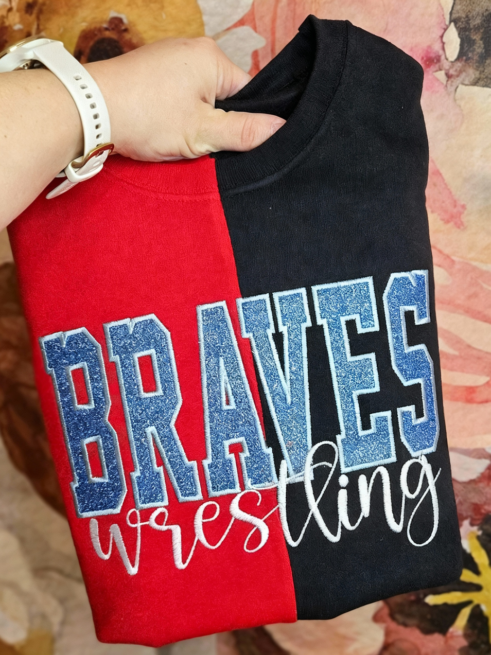 Custom Glitter Embroidered Game Day Team Name Two Tone Sweatshirt for college, cheerleading, football, baseball, softball, ice hockey, soccer