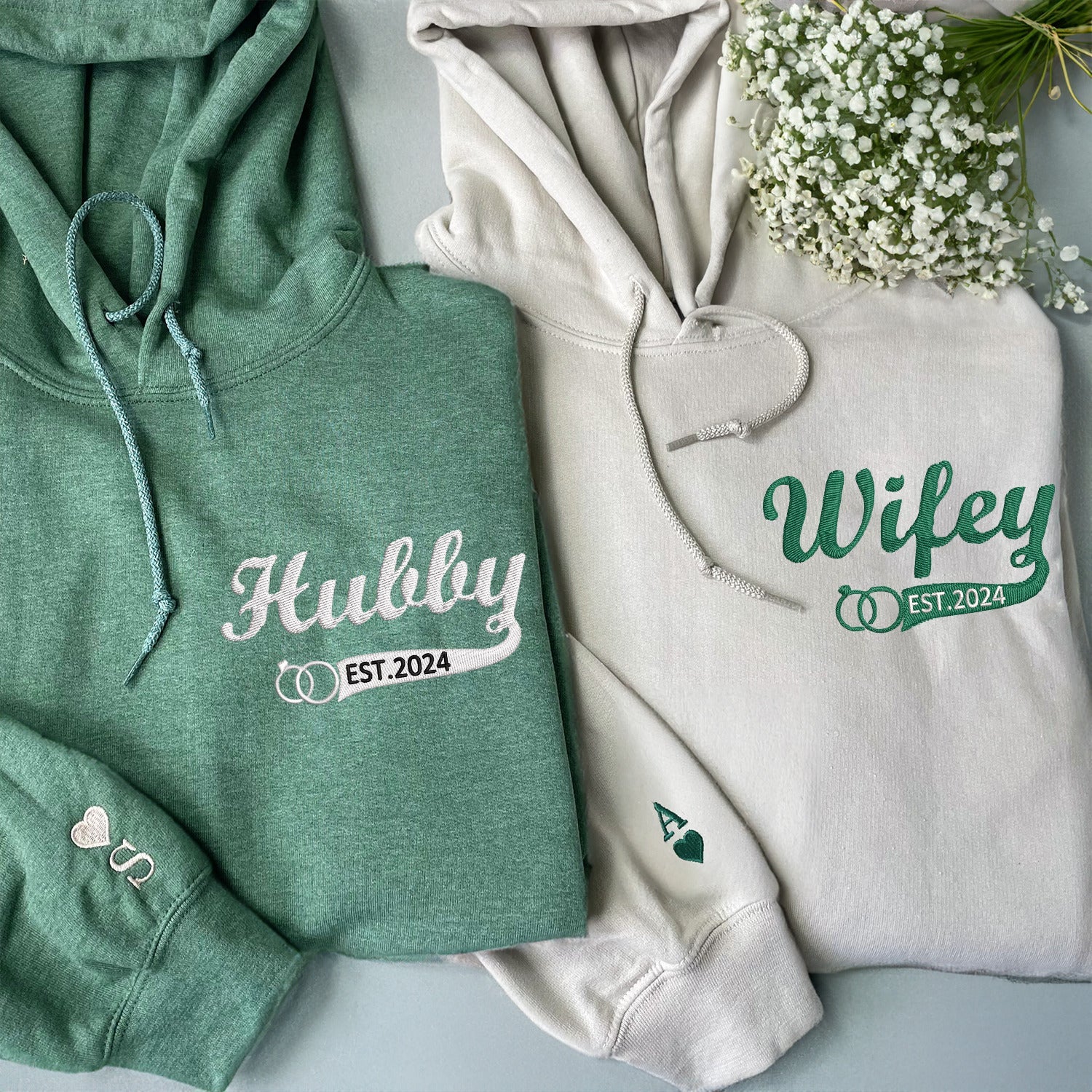 Custom Couple Matching Hubby and Wifey Embroidered Hoodie | Couple Anniversary Gift