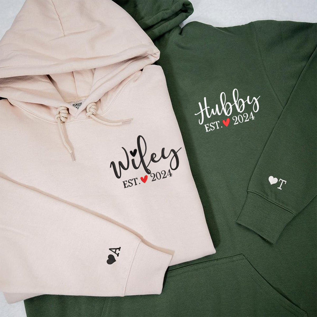 Custom Couple Matching Hubby and Wifey Embroidered Hoodie | Couple Anniversary Gift
