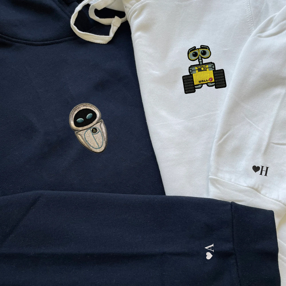Custom Embroidered Hoodies For Couples, His and Her Matching Couple Hoodies, Cute Cartoon Wall E x Eve Couples Embroidered Hoodie