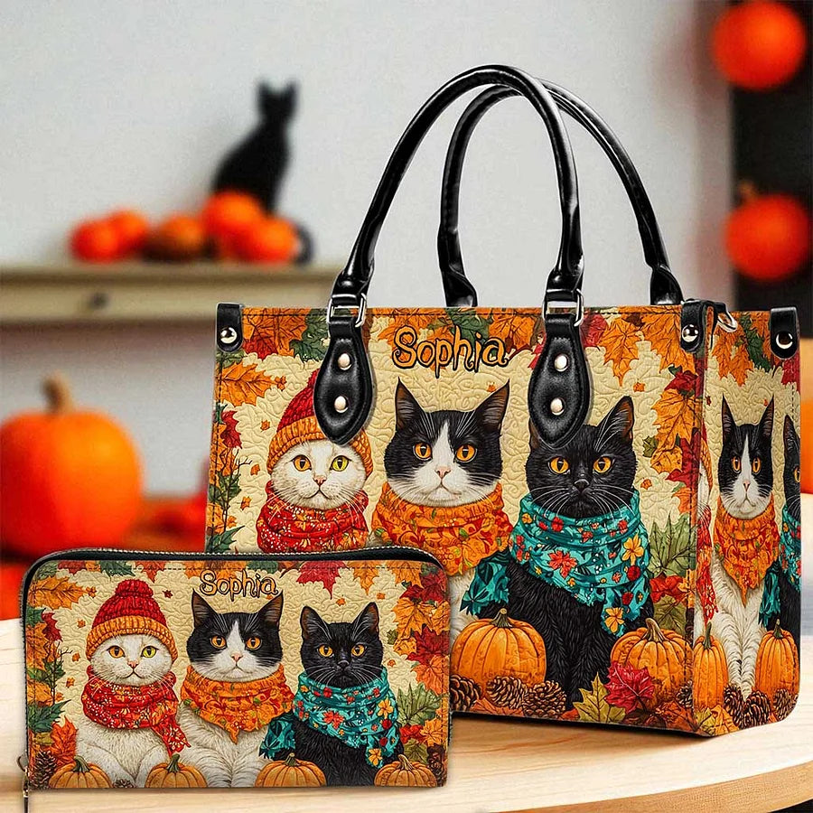 Quilt Fall Cat Leather Handbag Halloween